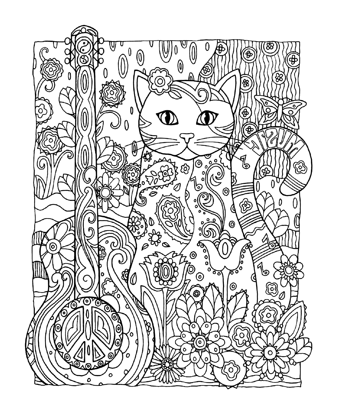 coloriage adulte animaux chat guitare