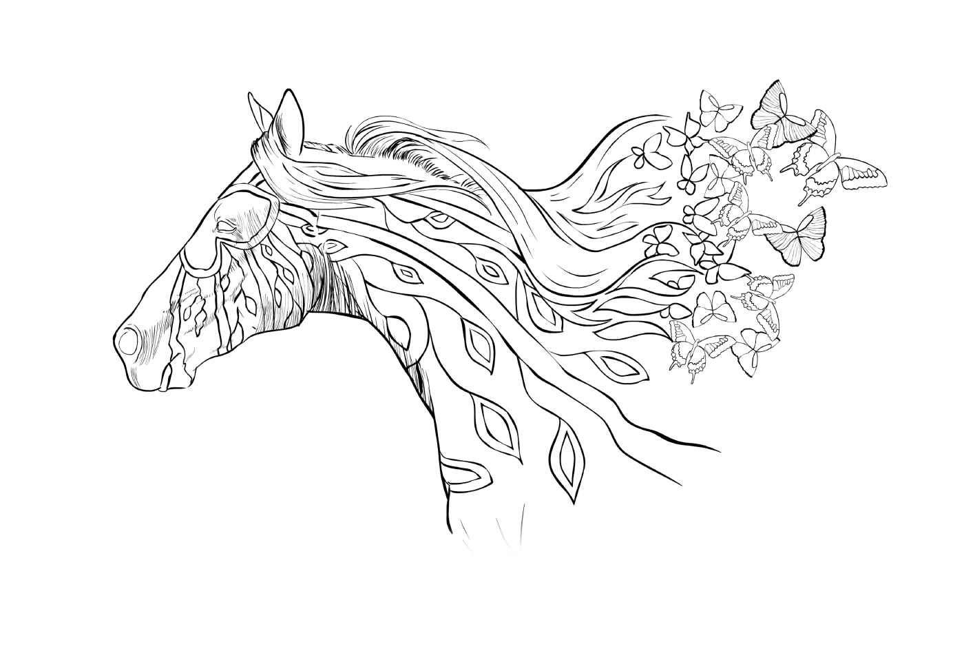 coloriage adulte cheval au galot avec papillons dans les airs