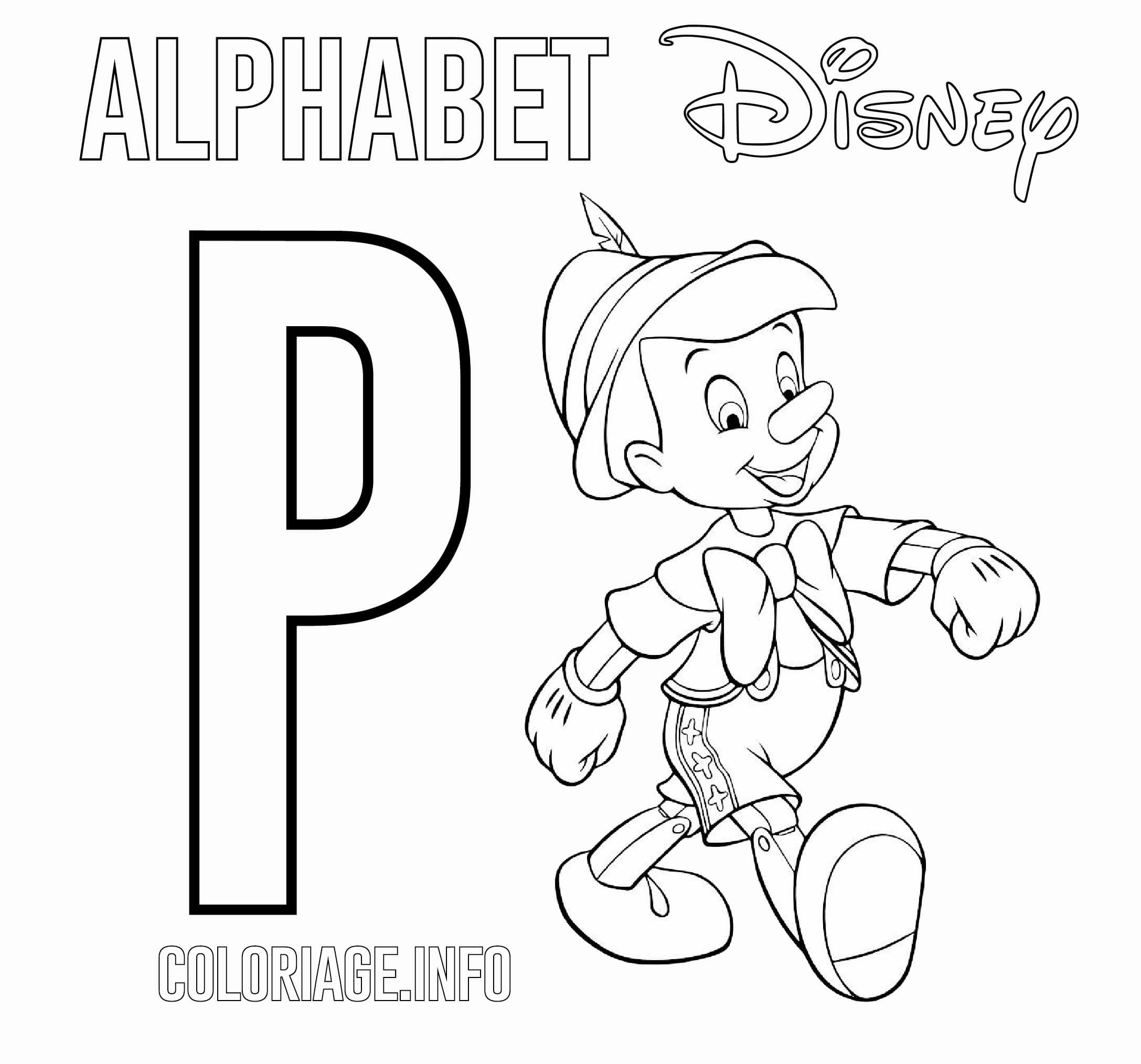 coloriage Lettre P pour Pinocchio Disney