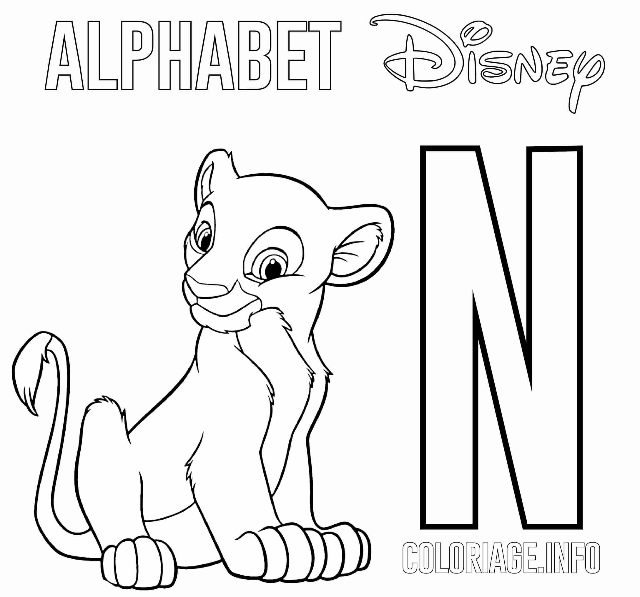 coloriage Lettre N pour Nala de Lion King Disney