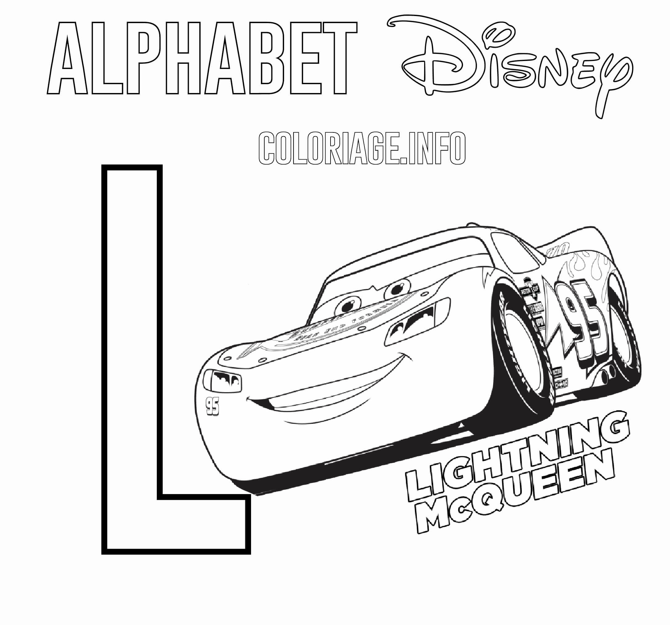 coloriage Lettre L pour Lightning McQueen de Cars Disney