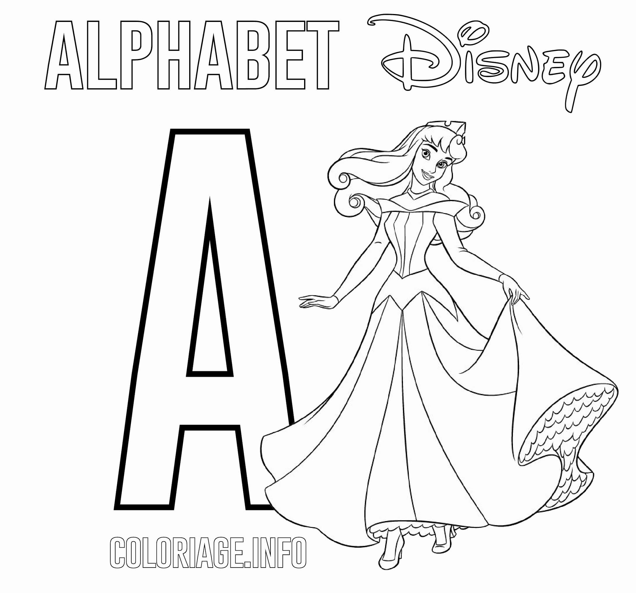 coloriage Lettre A pour Aurora Disney Princess