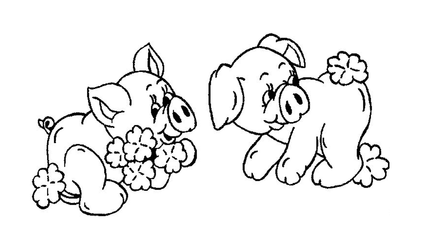 coloriage 2 cochons avec des fleurs