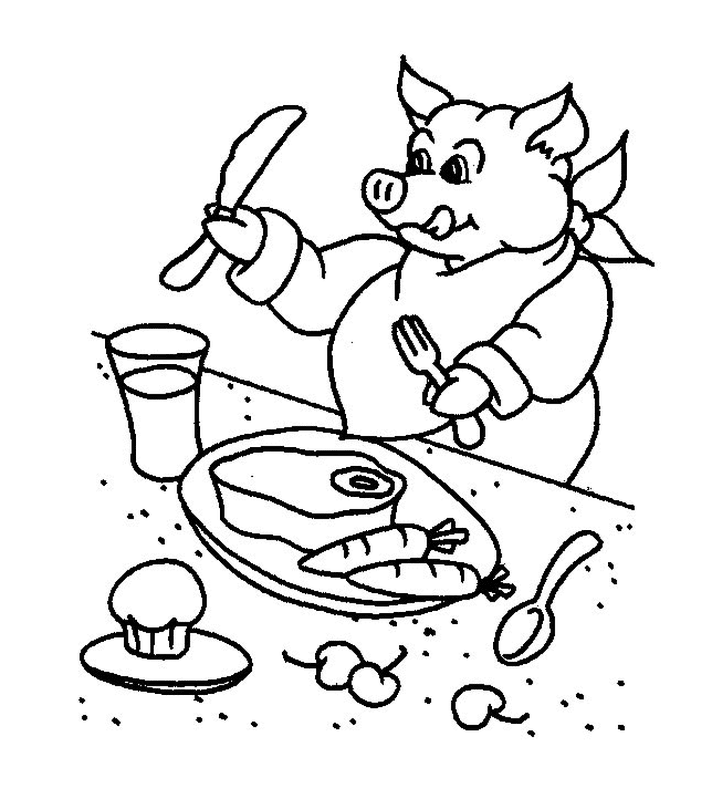 coloriage un cochon qui mange du boeuf