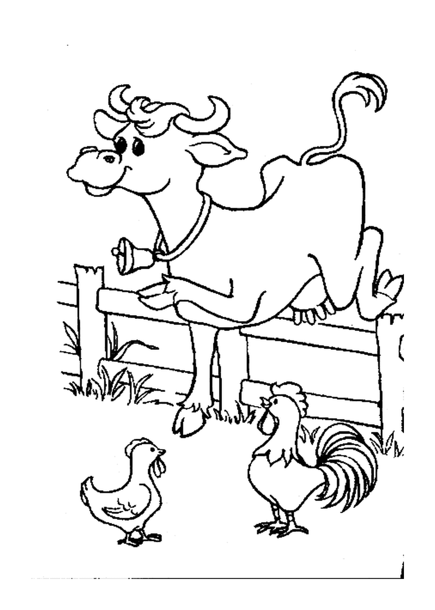 coloriage vache avec un coq et une poule