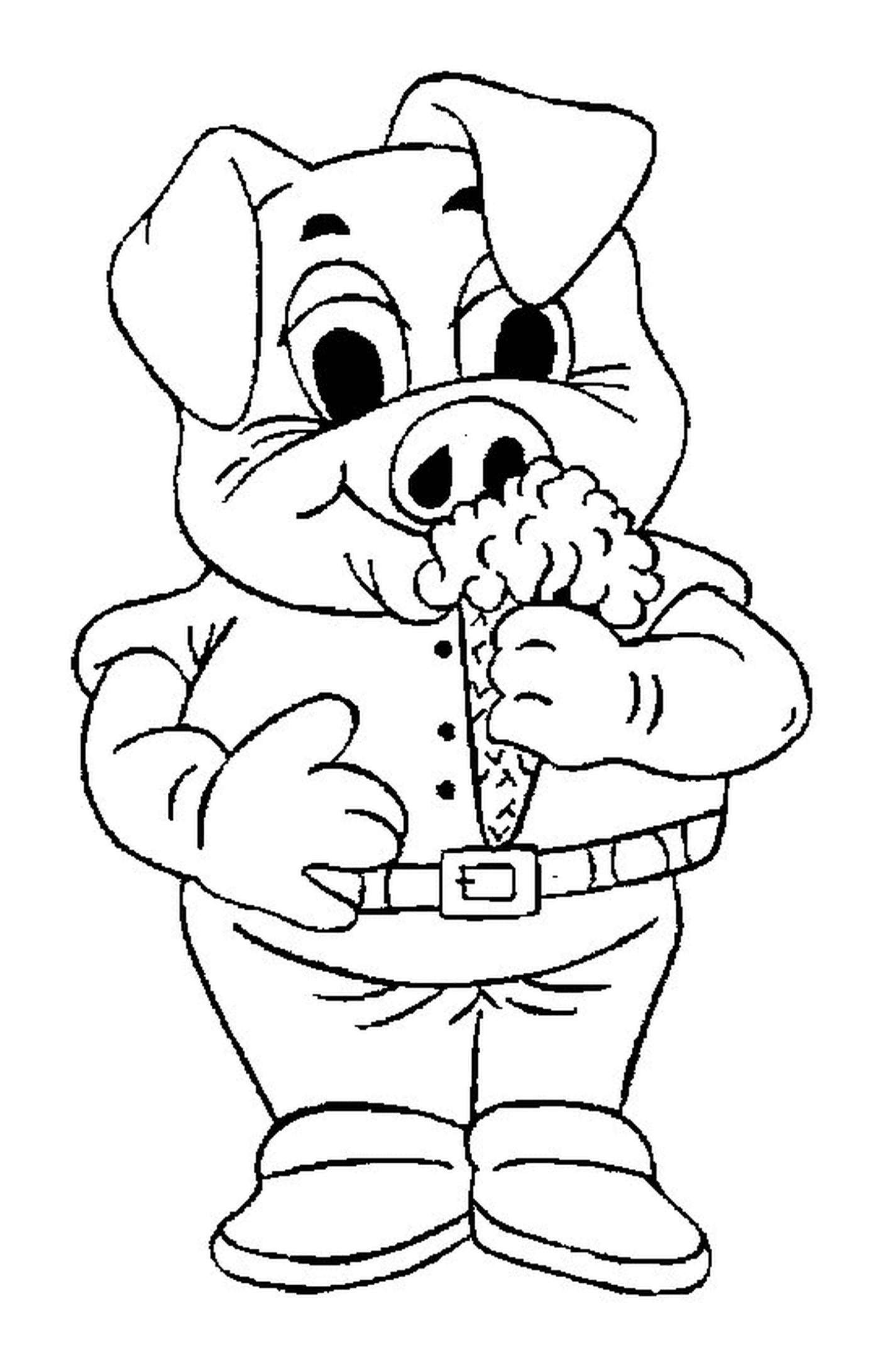coloriage cochon qui mange une glace
