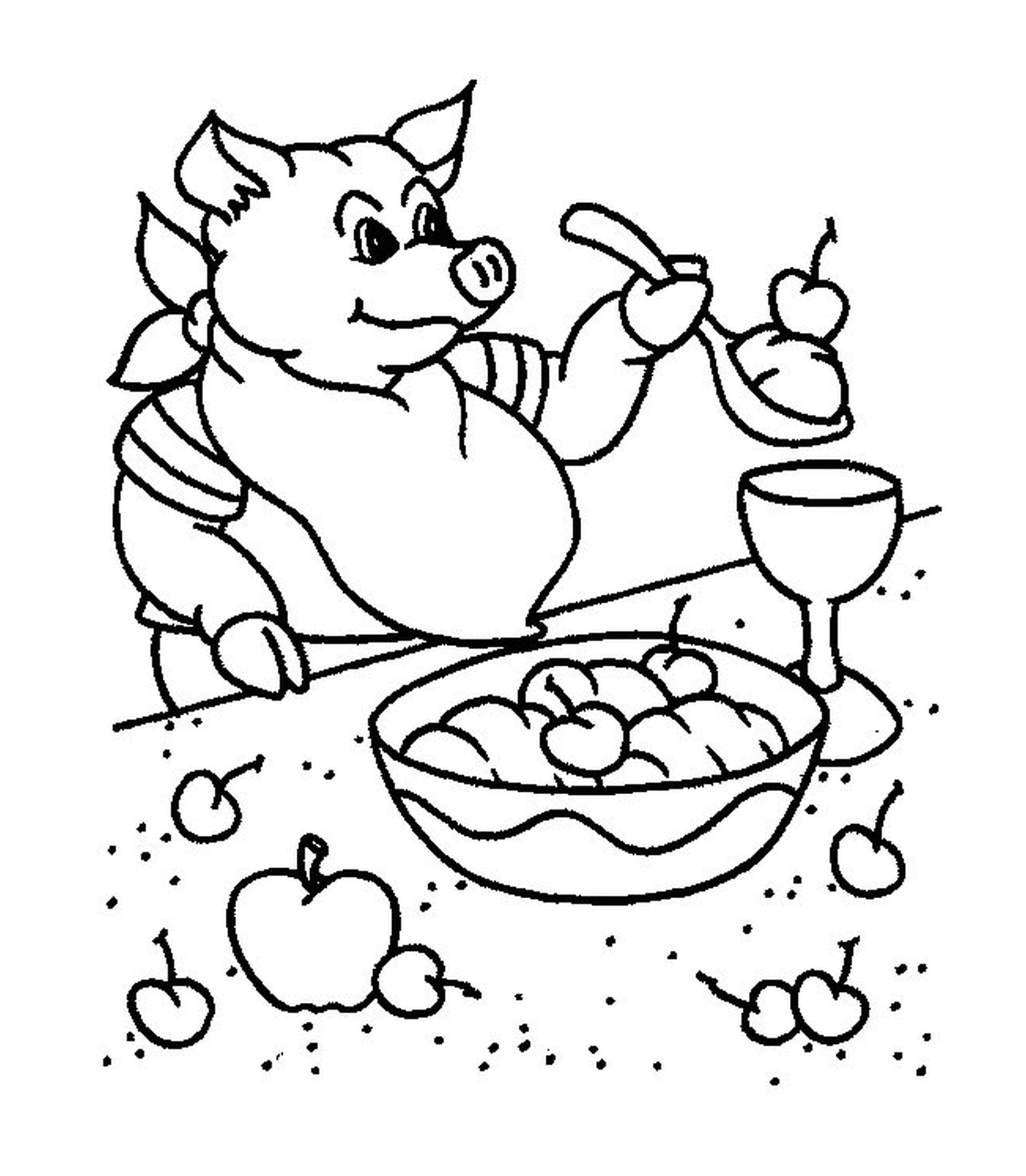coloriage un cochon qui mange a table
