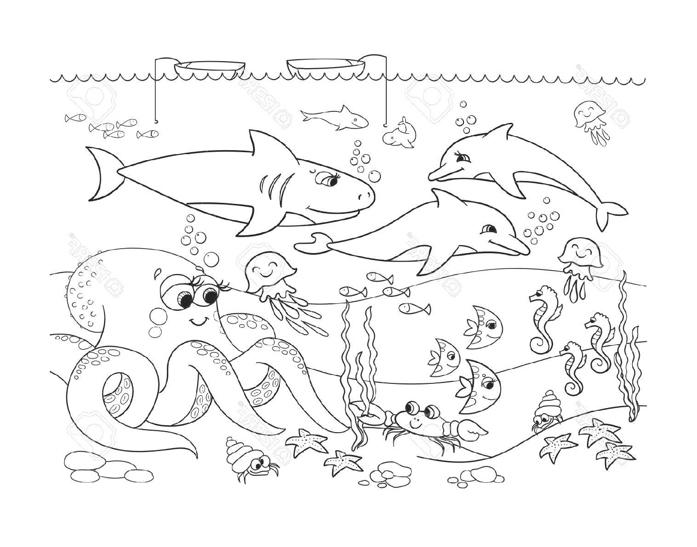 coloriage fond marin avec les animaux de la mer