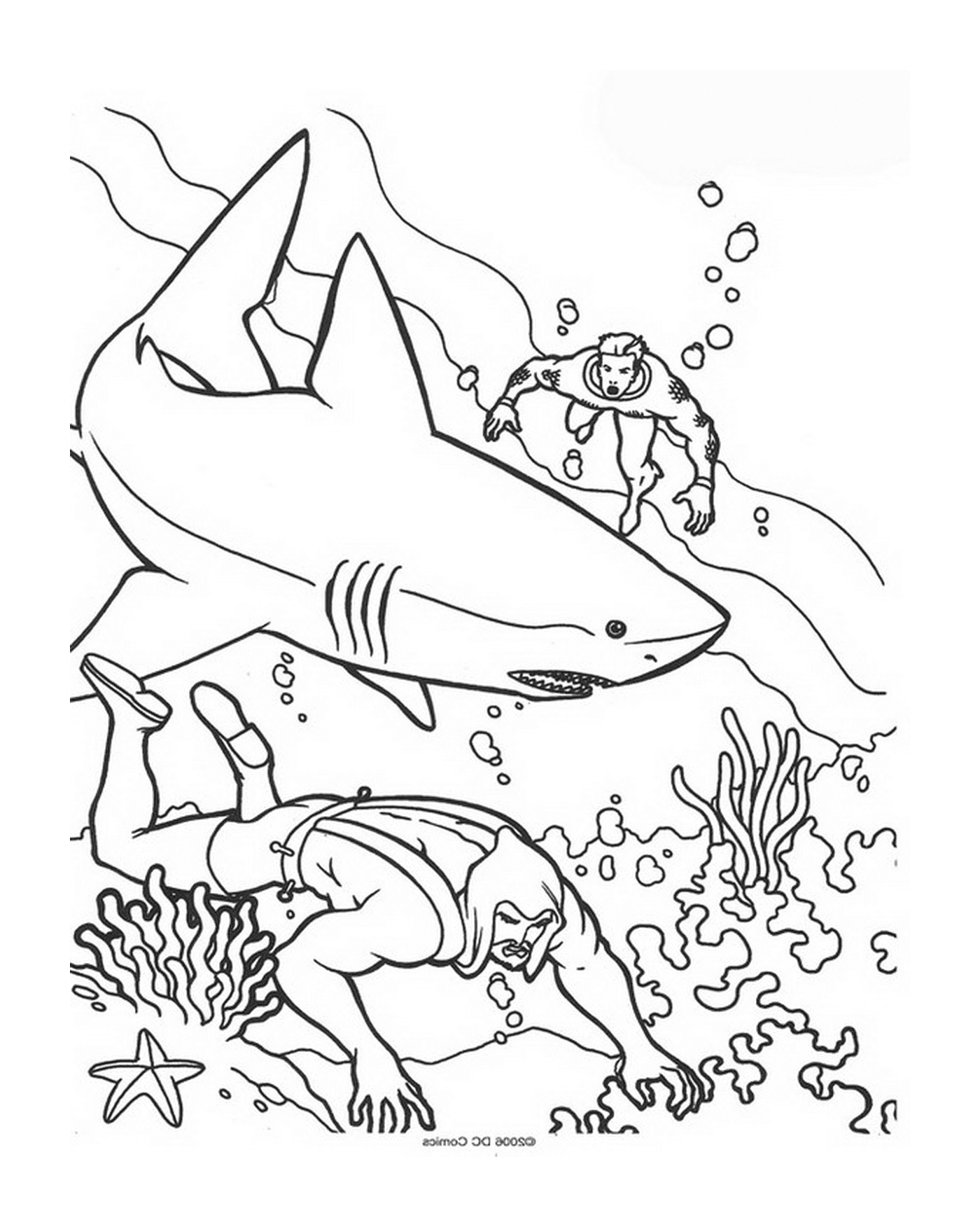 coloriage aquaman avec un requin