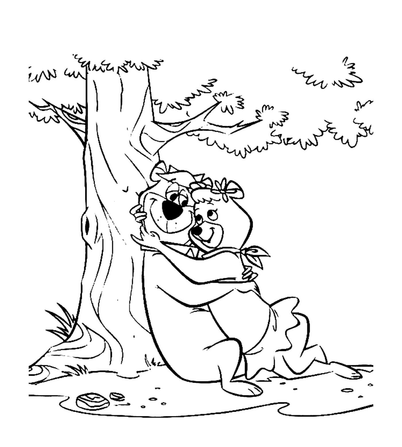 coloriage Cindy Bear et Yogi sous un arbre