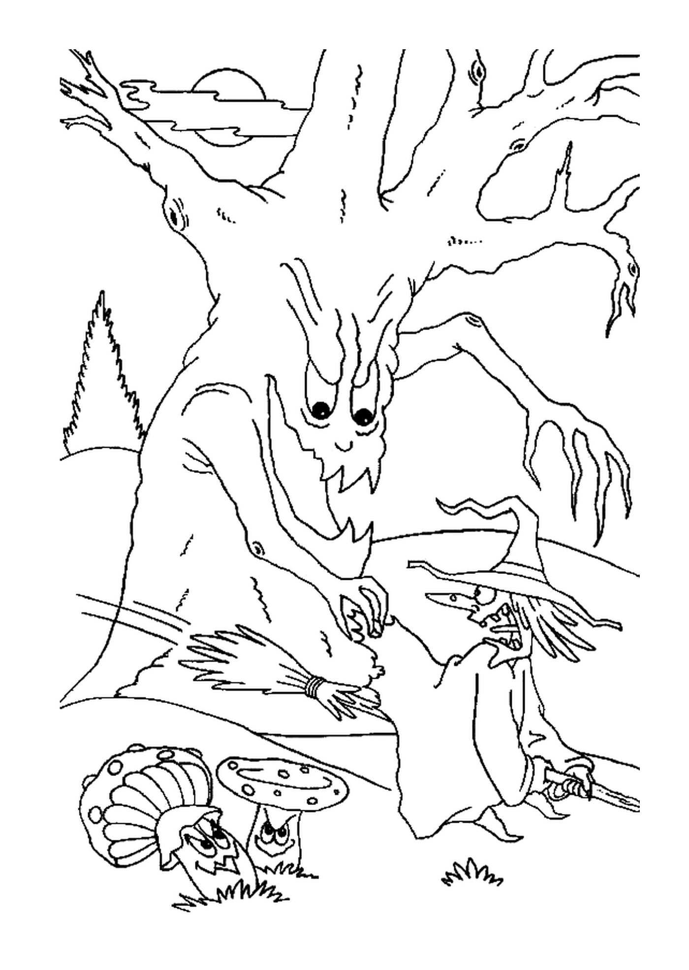 coloriage un arbre effrayant et une sorciere