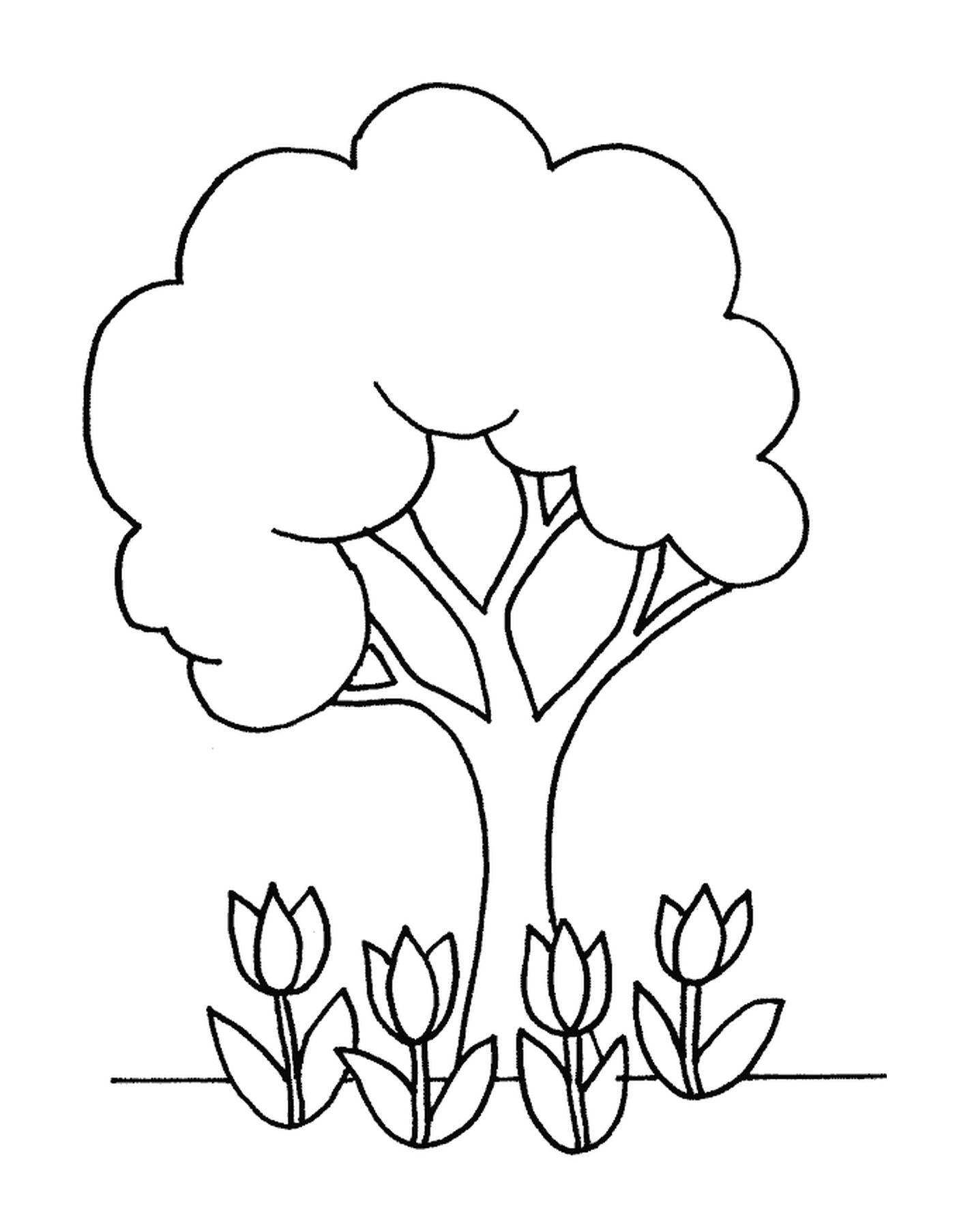 coloriage arbre et tulipes