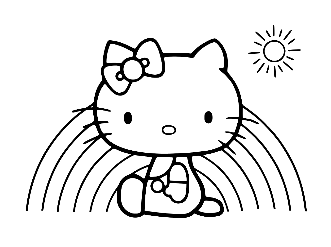 coloriage hello kitty devant un arc en ciel et un soleil