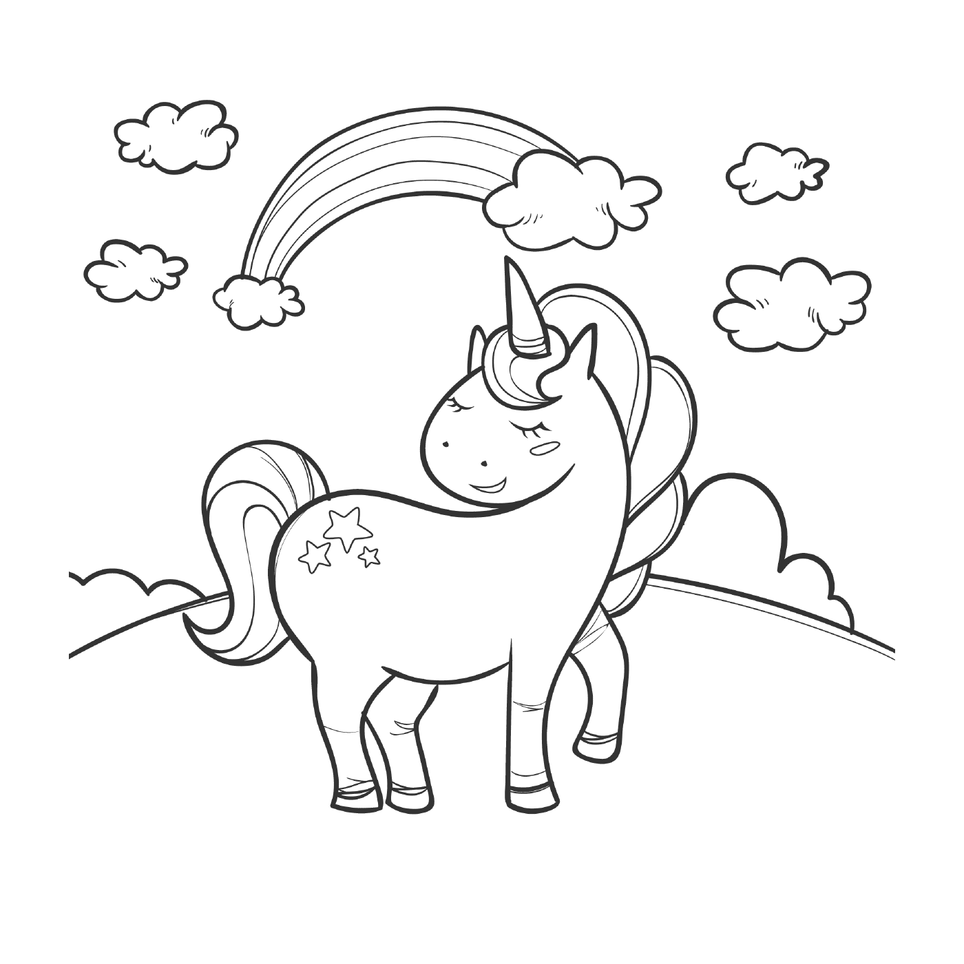coloriage arc en ciel avec licorne et nuages