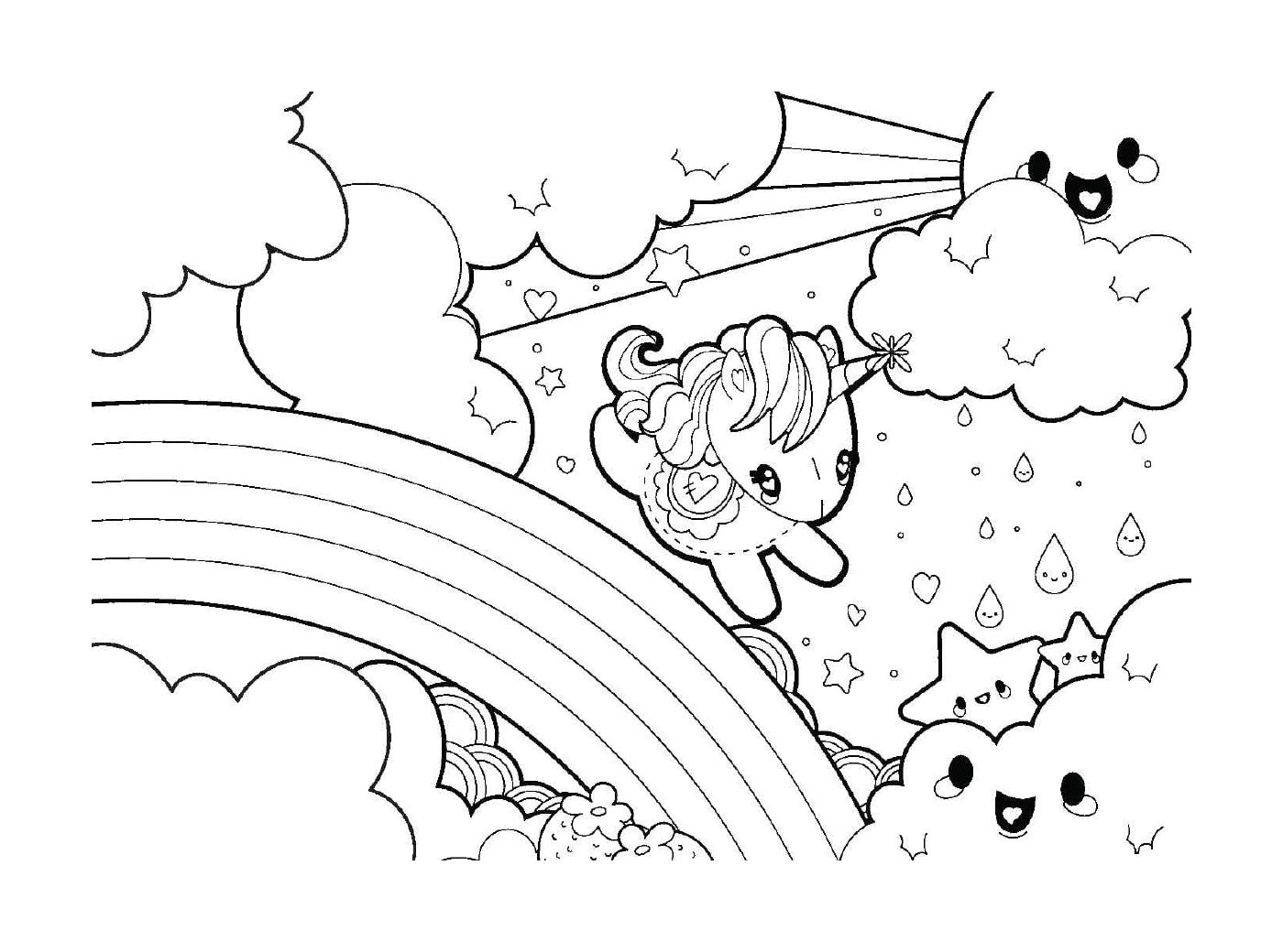 coloriage arc en ciel avec licorne kawaii