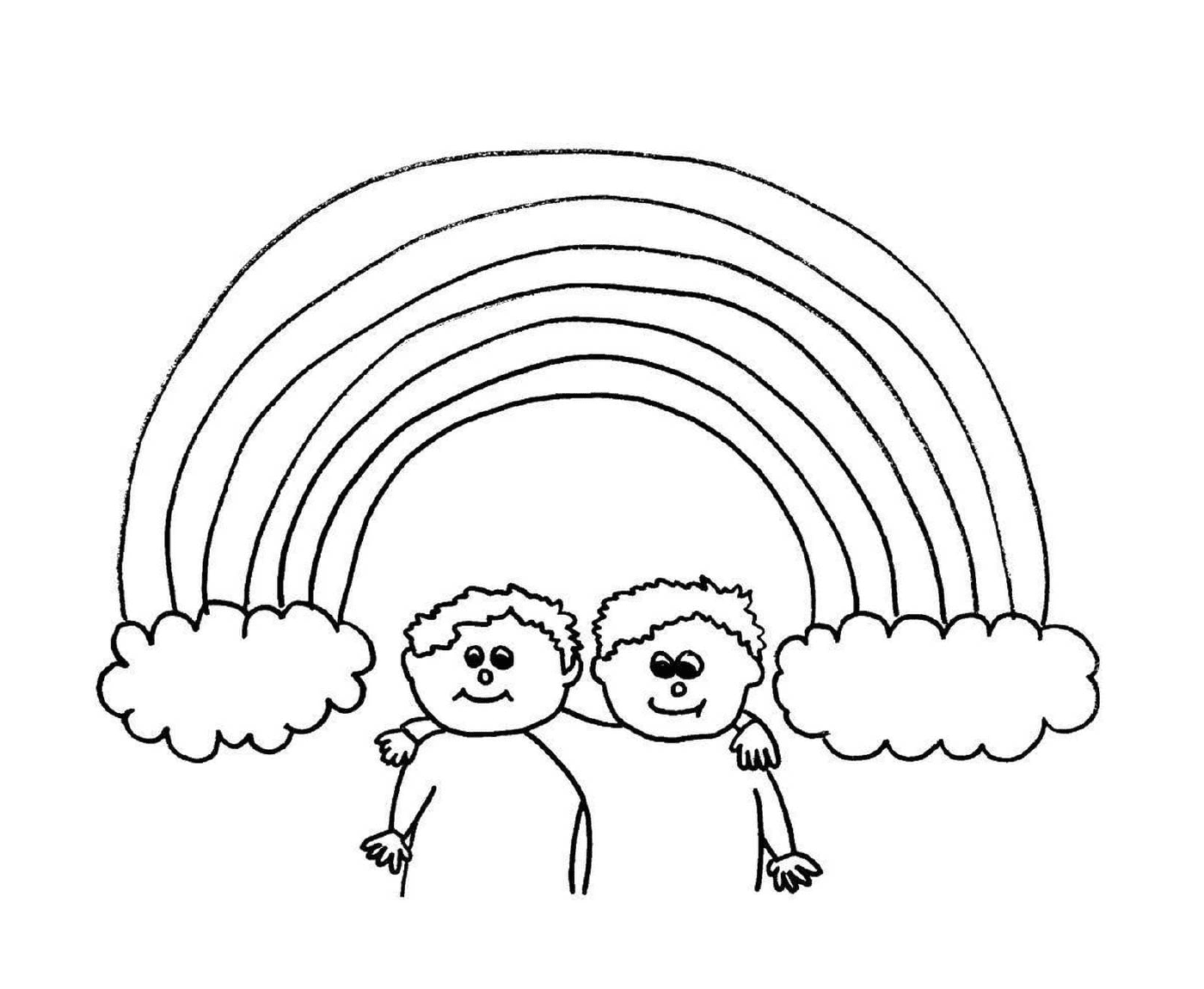 coloriage arc en ciel avec nuage et deux amis