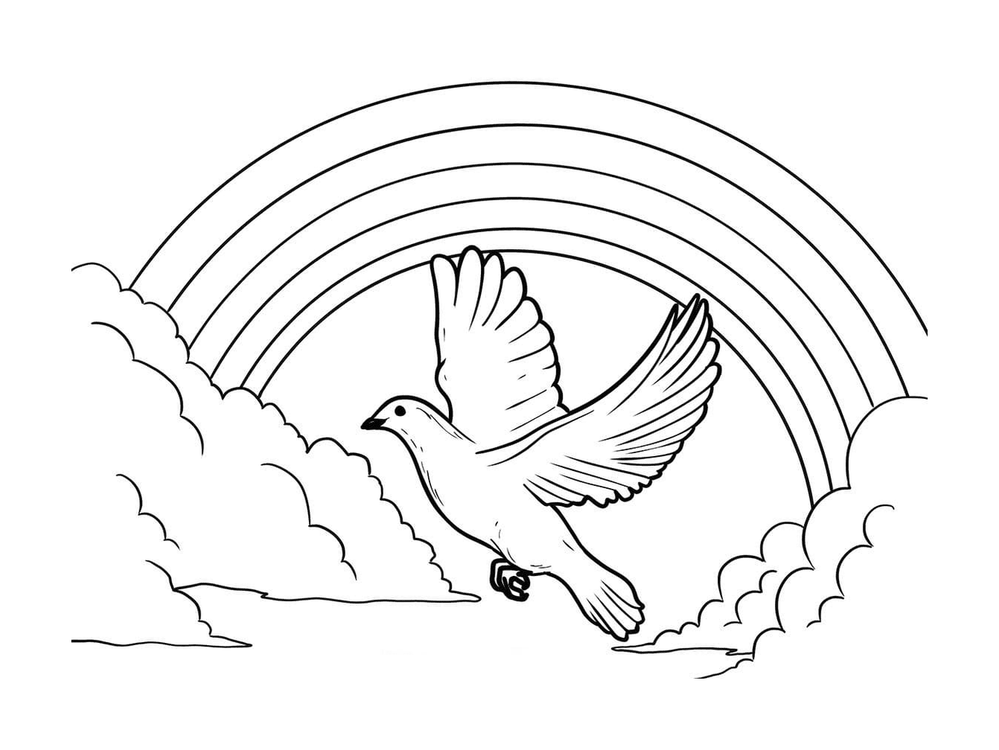 coloriage une colombe vol pres de arc en ciel