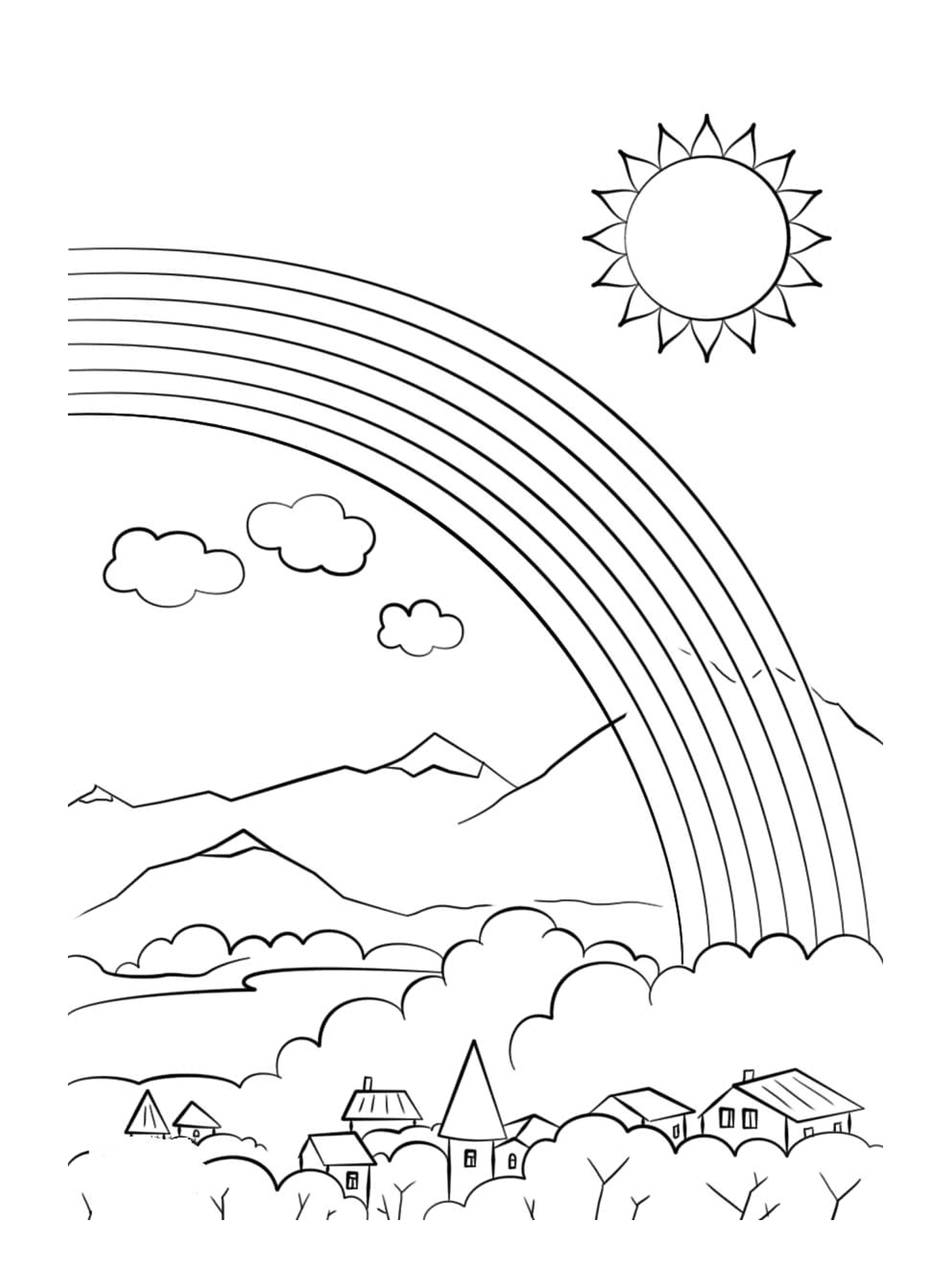 coloriage village en montagne avec un arc en ciel et un soleil