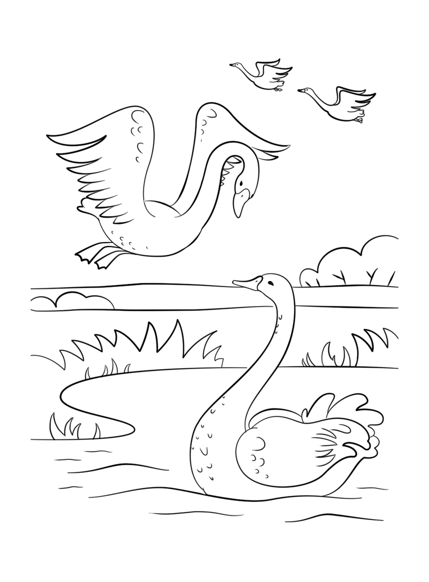 coloriage automne scene with swans fall