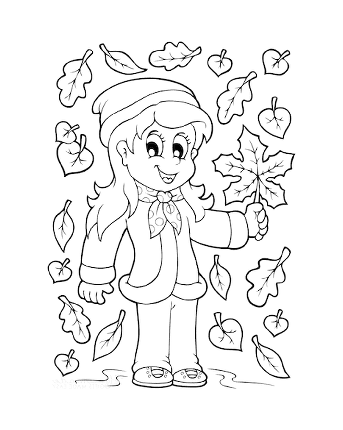 coloriage fille prend une feuille automne arbre