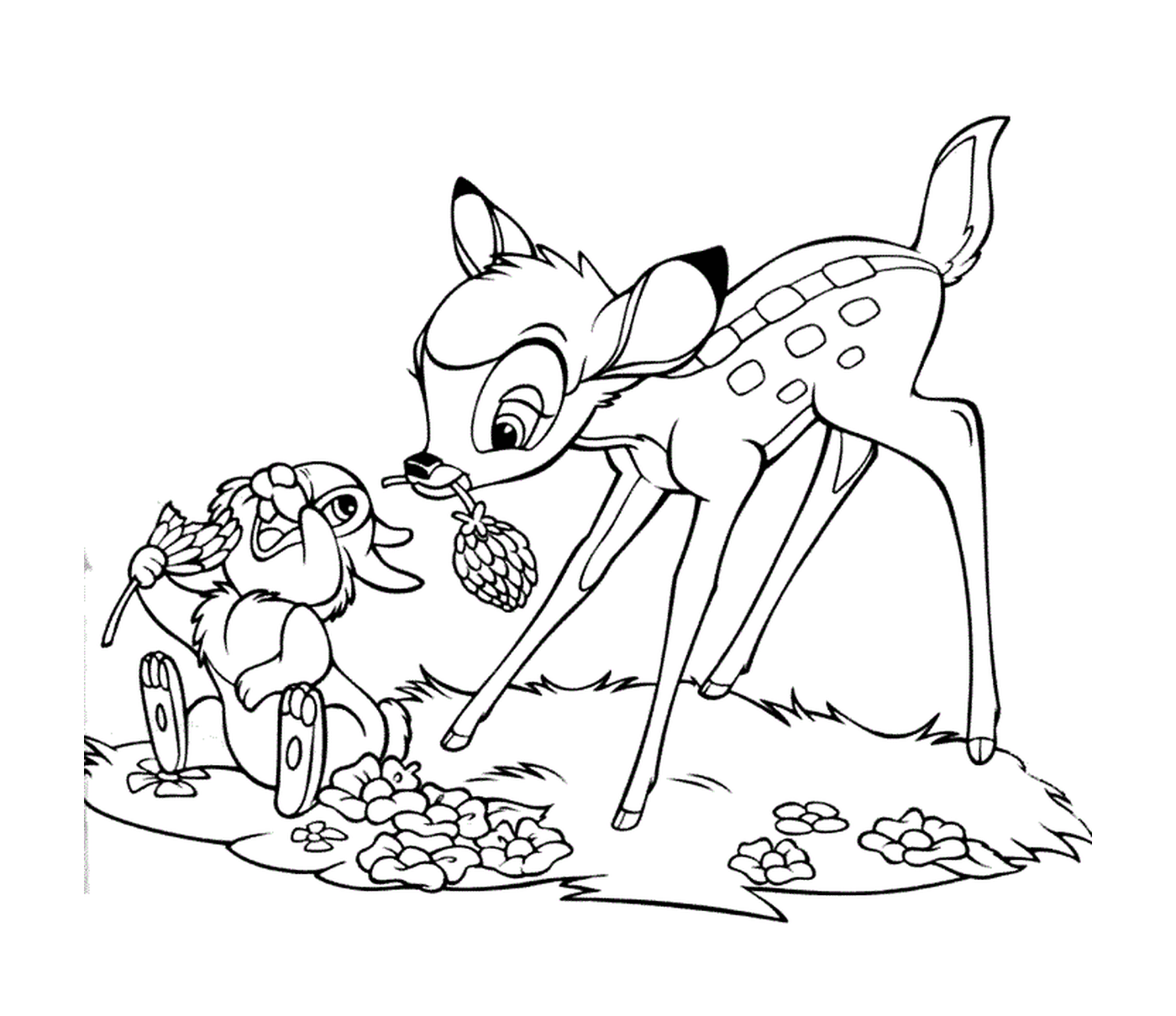 coloriage bambi et panpan mangent des fleurs