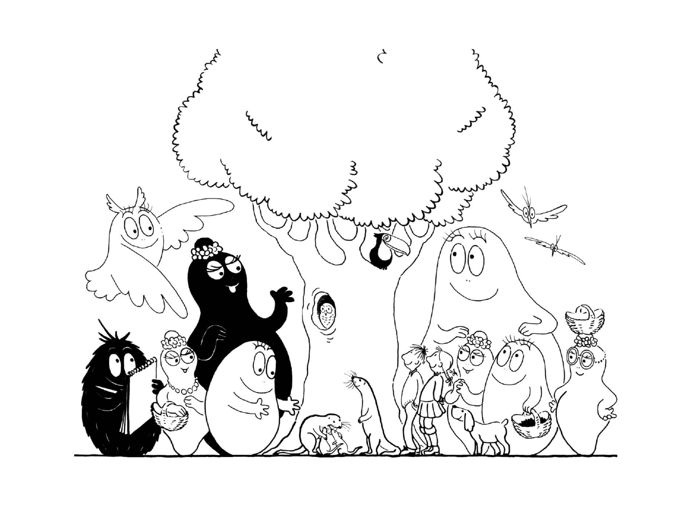 coloriage tous les personnages de barbapapa autour dun arbre