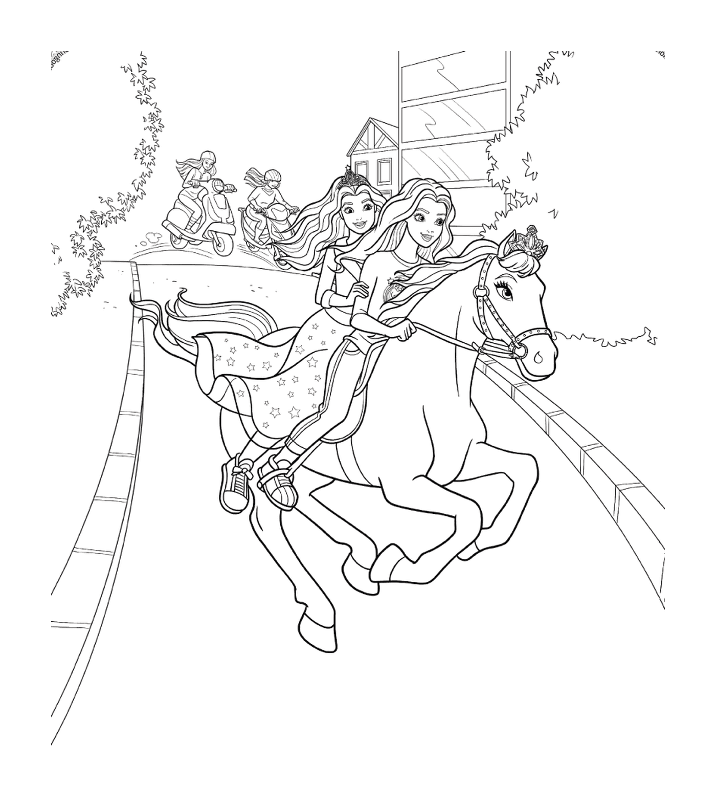 coloriage equipe de princesse avec cheval et barbie font une course