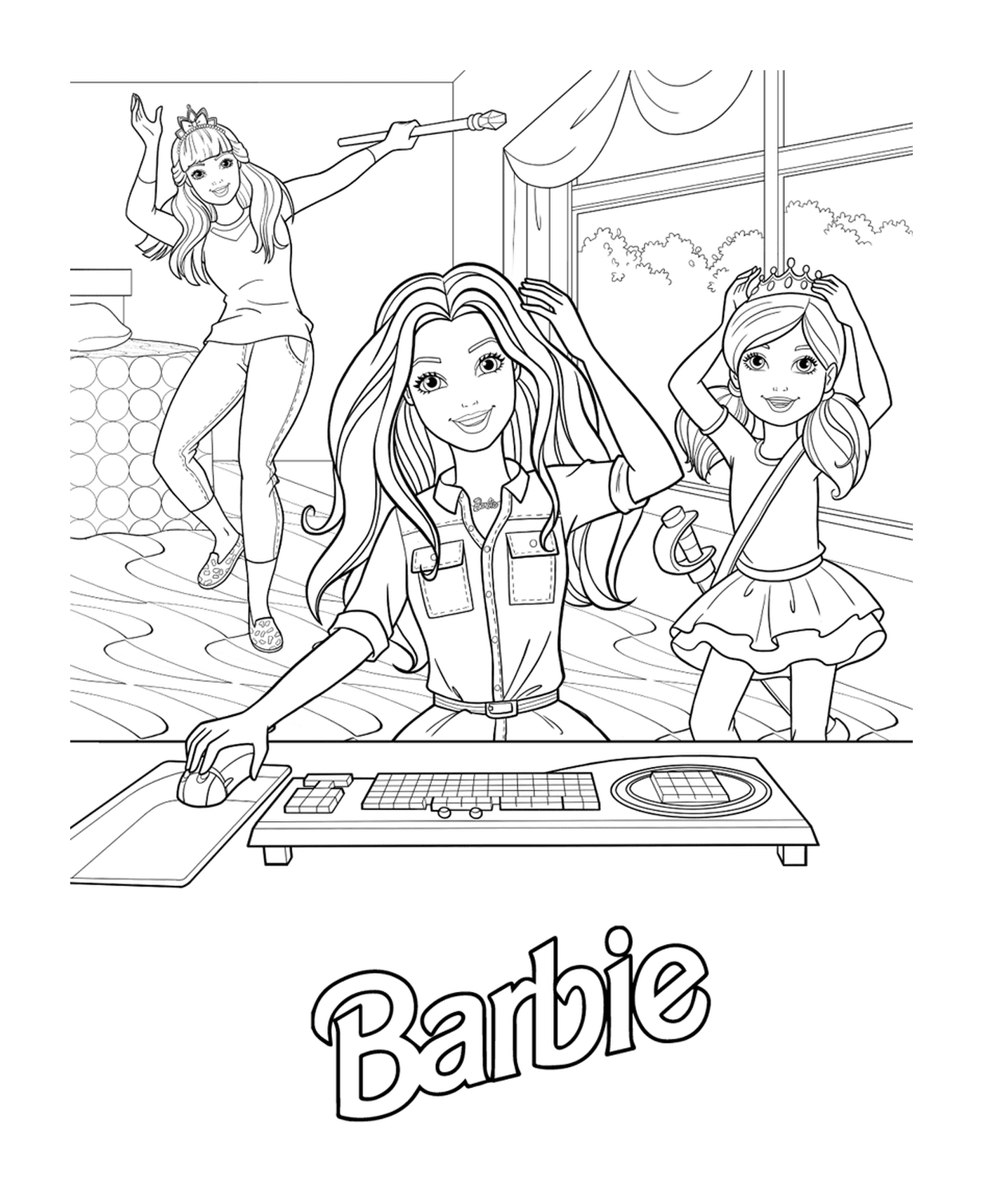 coloriage barbie princesse et ses petites soeurs devant un ordinateur