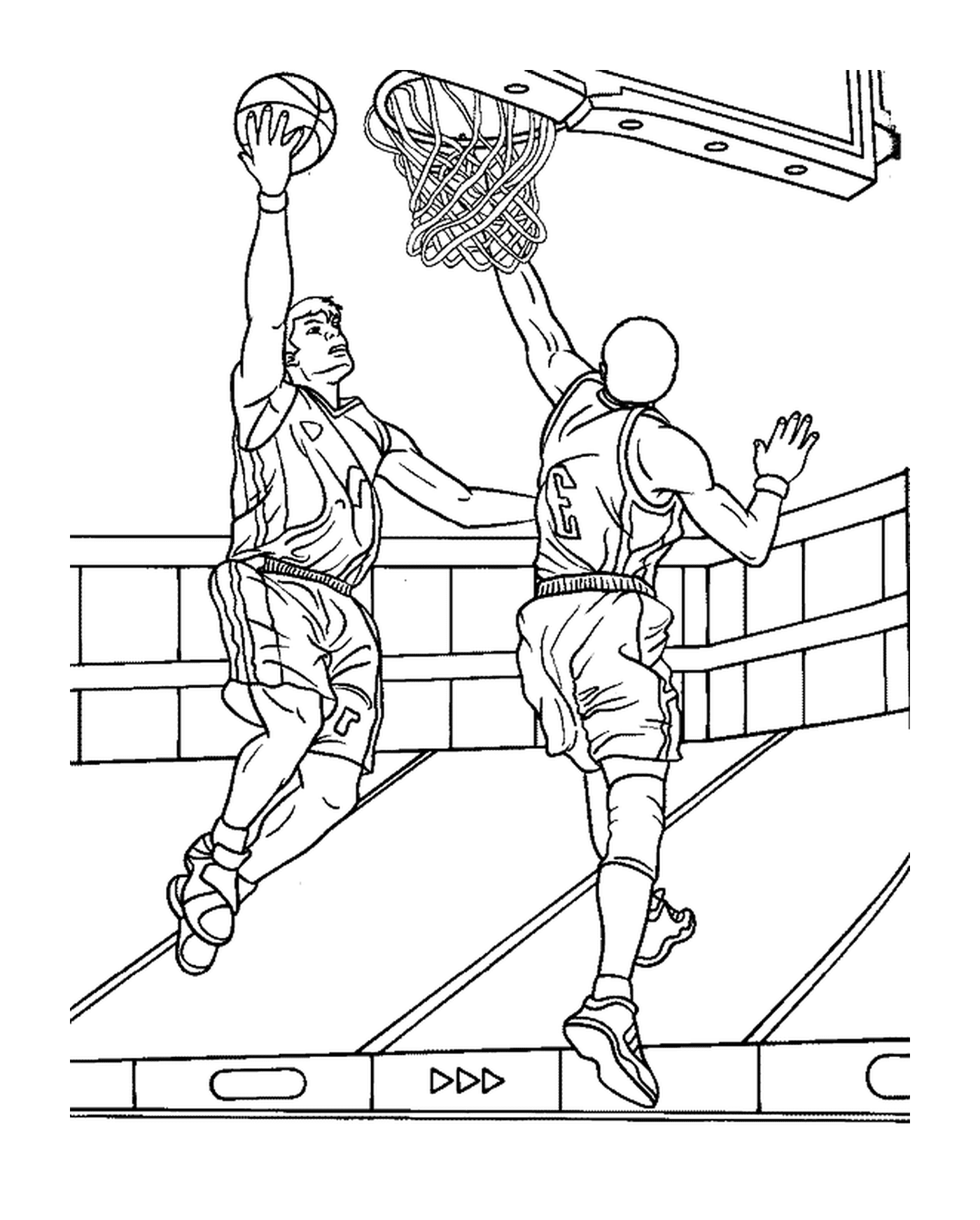 coloriage dessin le joueur de basketball va marquer un panier malgre le defenseur