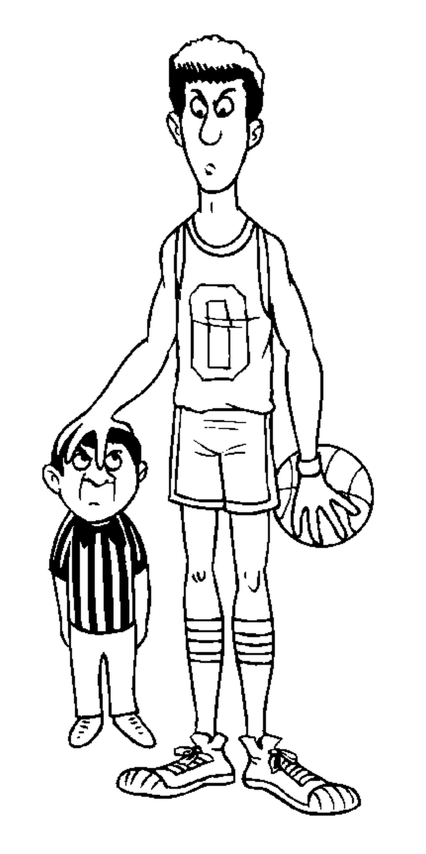 coloriage dessin joueur de basket avec un petit arbitre