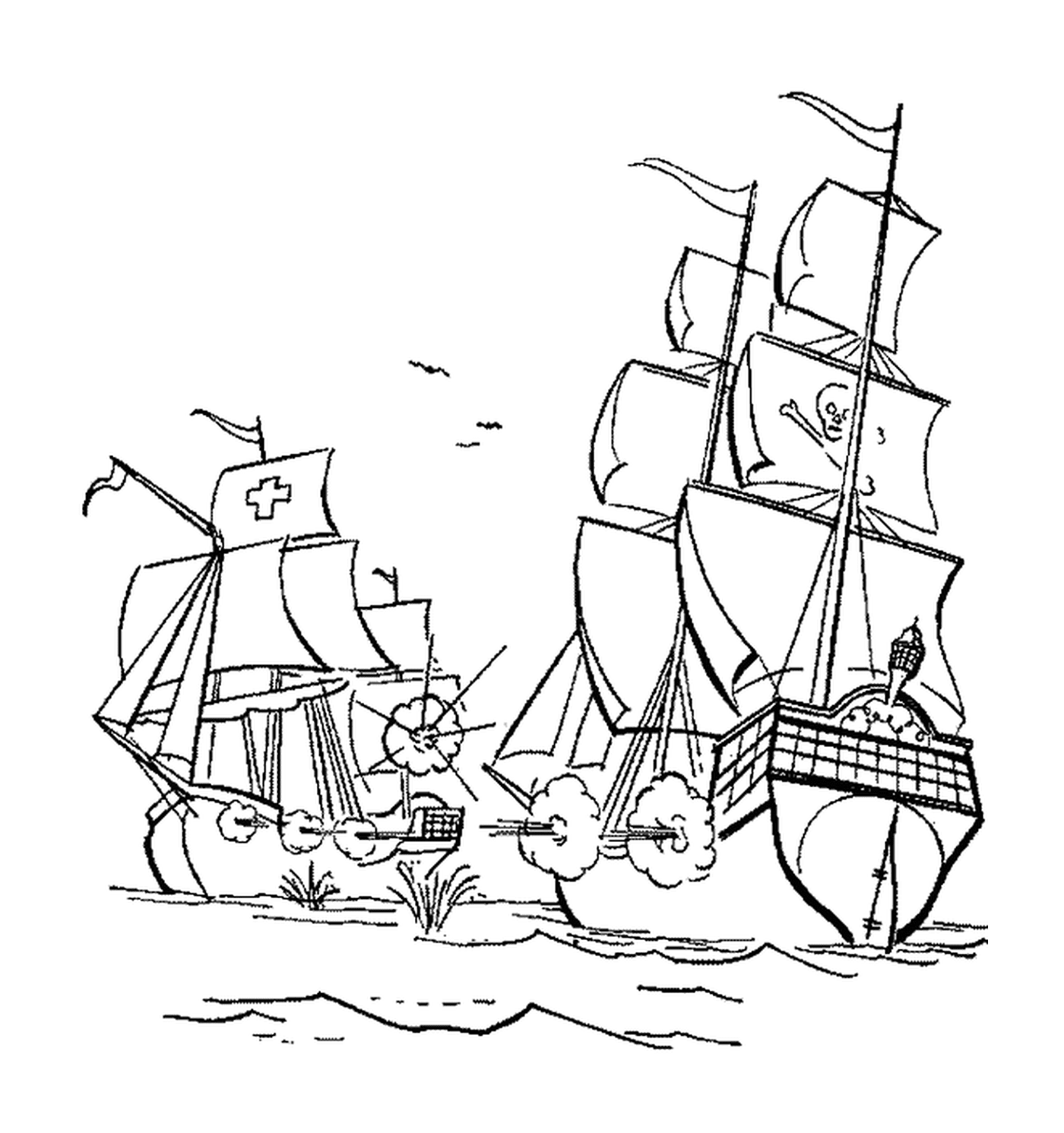 coloriage le bateau pirate attaque un navire de marchandises