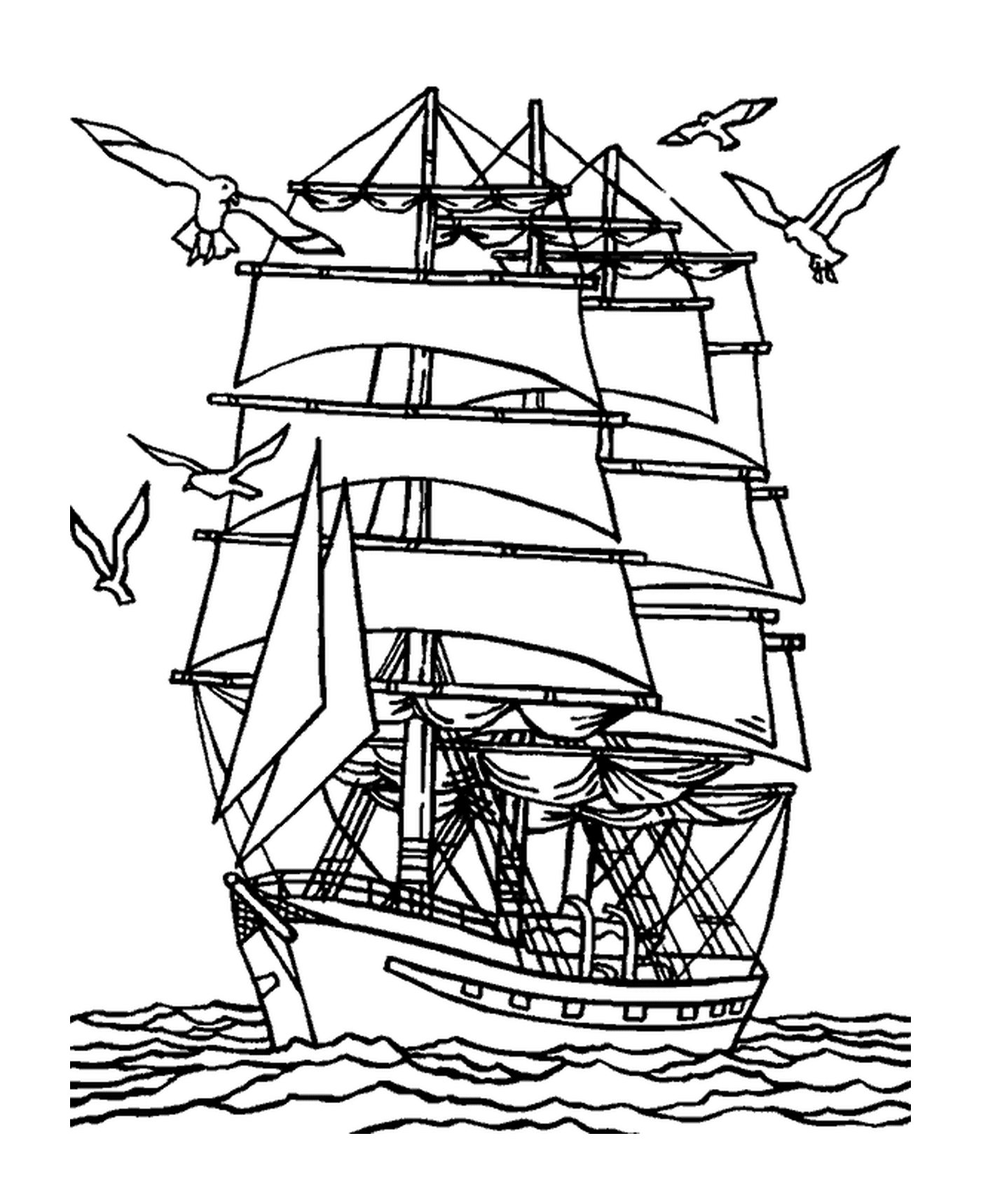 coloriage un navire proche de la cote avec des mouettes