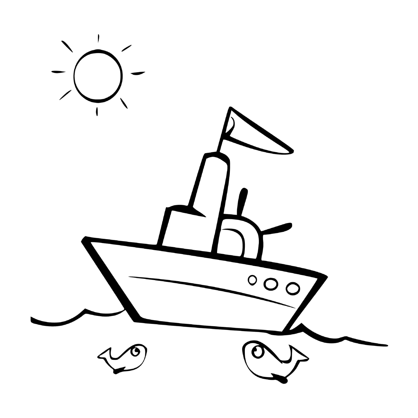 coloriage bateau maternelle poissons et soleil