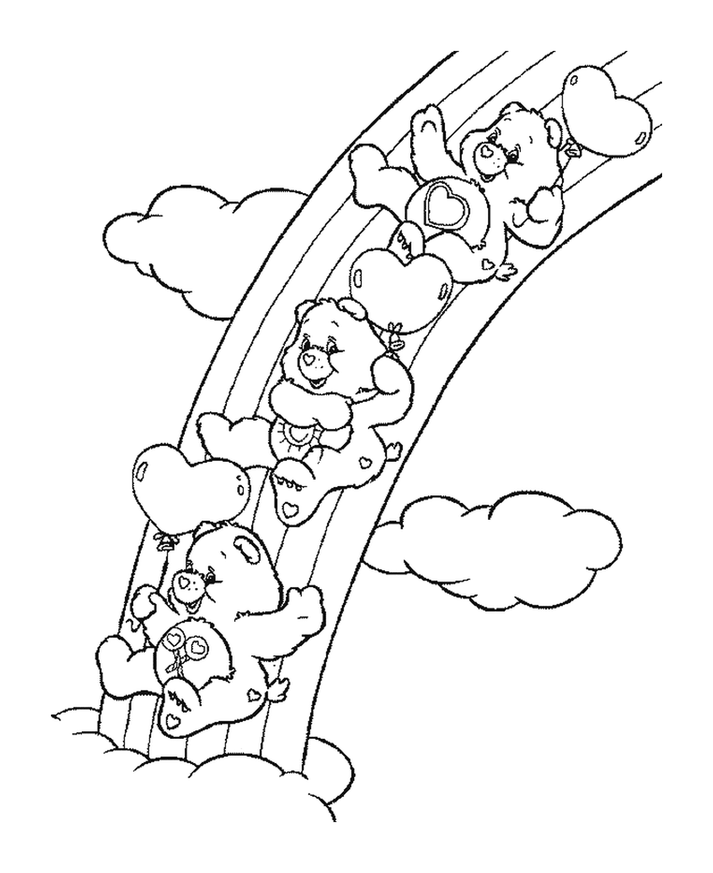 coloriage trois Bisounours font du taboggan sur un arc en ciel