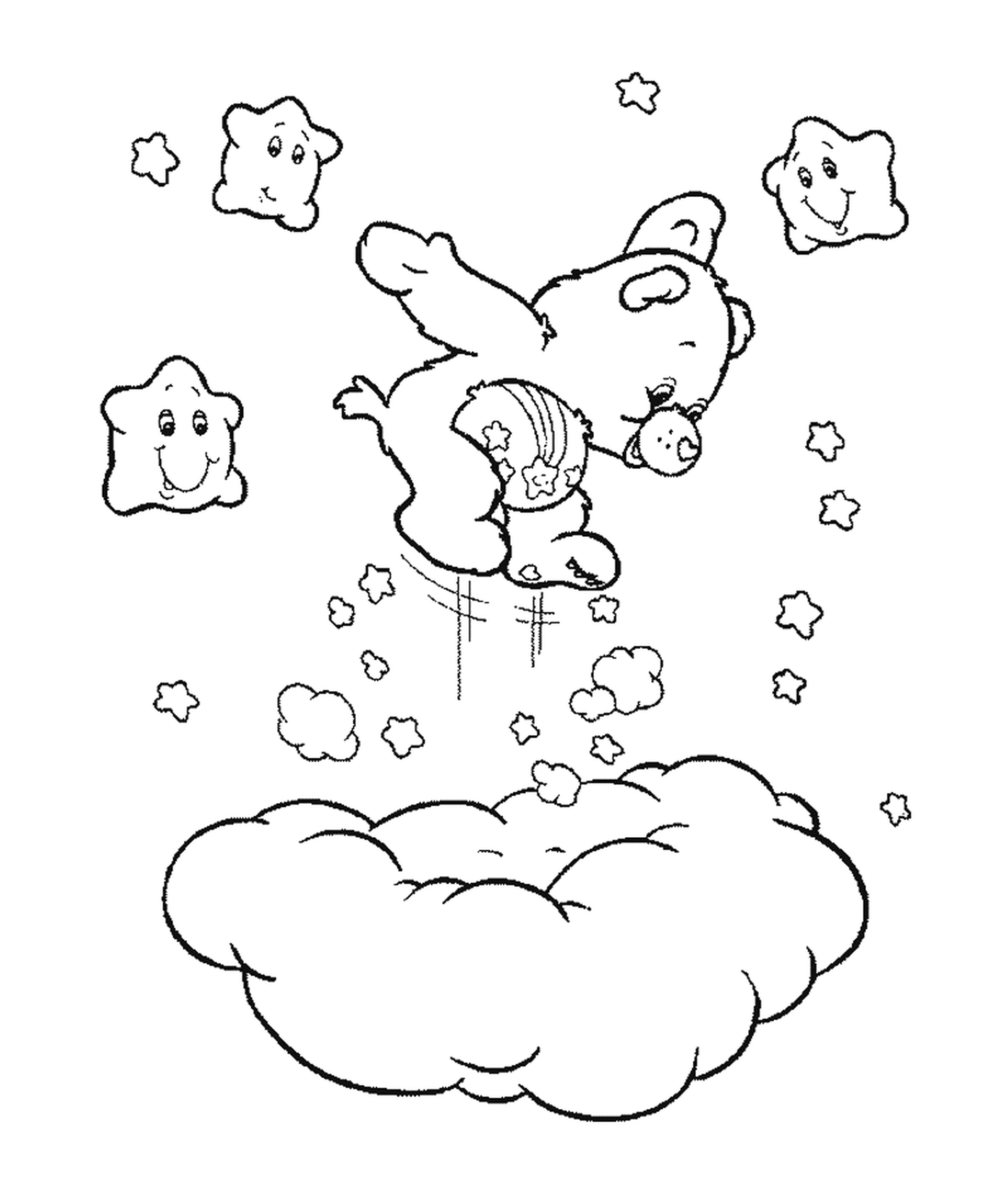 coloriage un Bisounours saute sur un nuage
