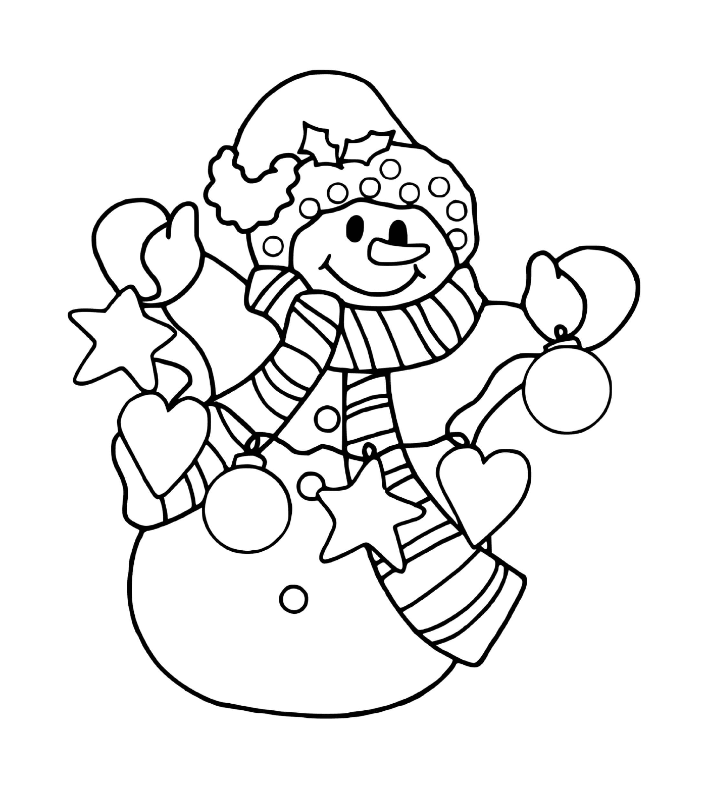 coloriage joyeux bonhomme de neige avec des decorations de noel