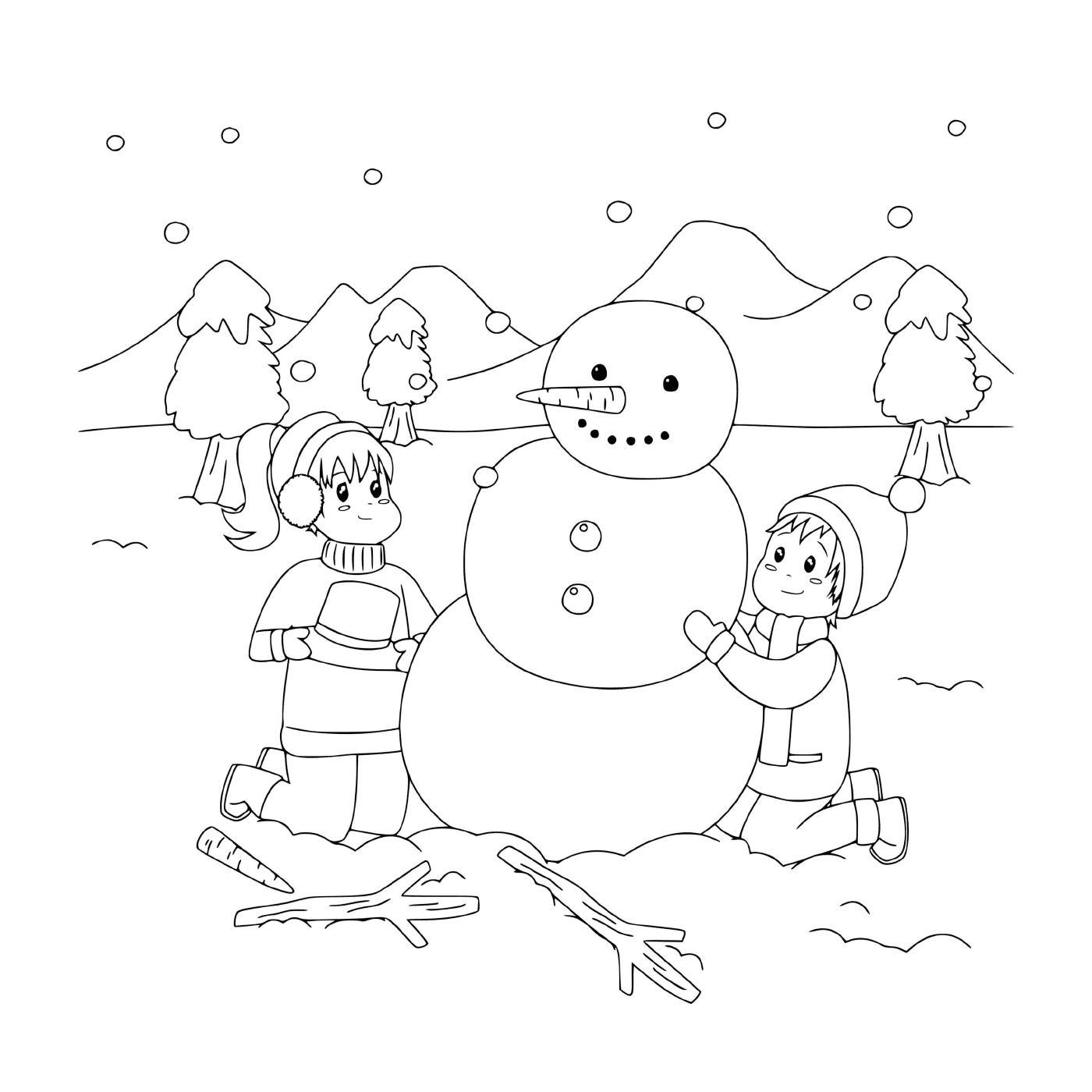 coloriage des enfants font un bonhomme de neige sous un paysage de neiges