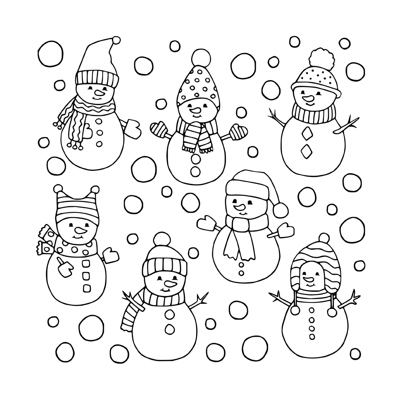 coloriage plusieurs bonhomme de neige differents