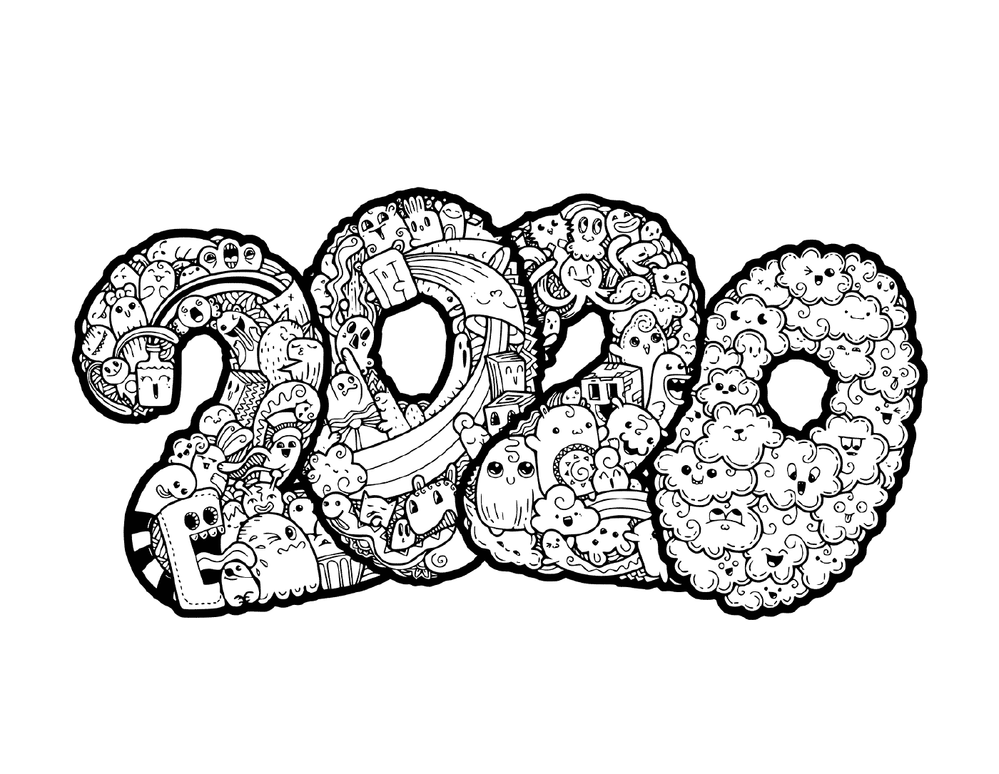 coloriage nouvel an 2020 Doodle