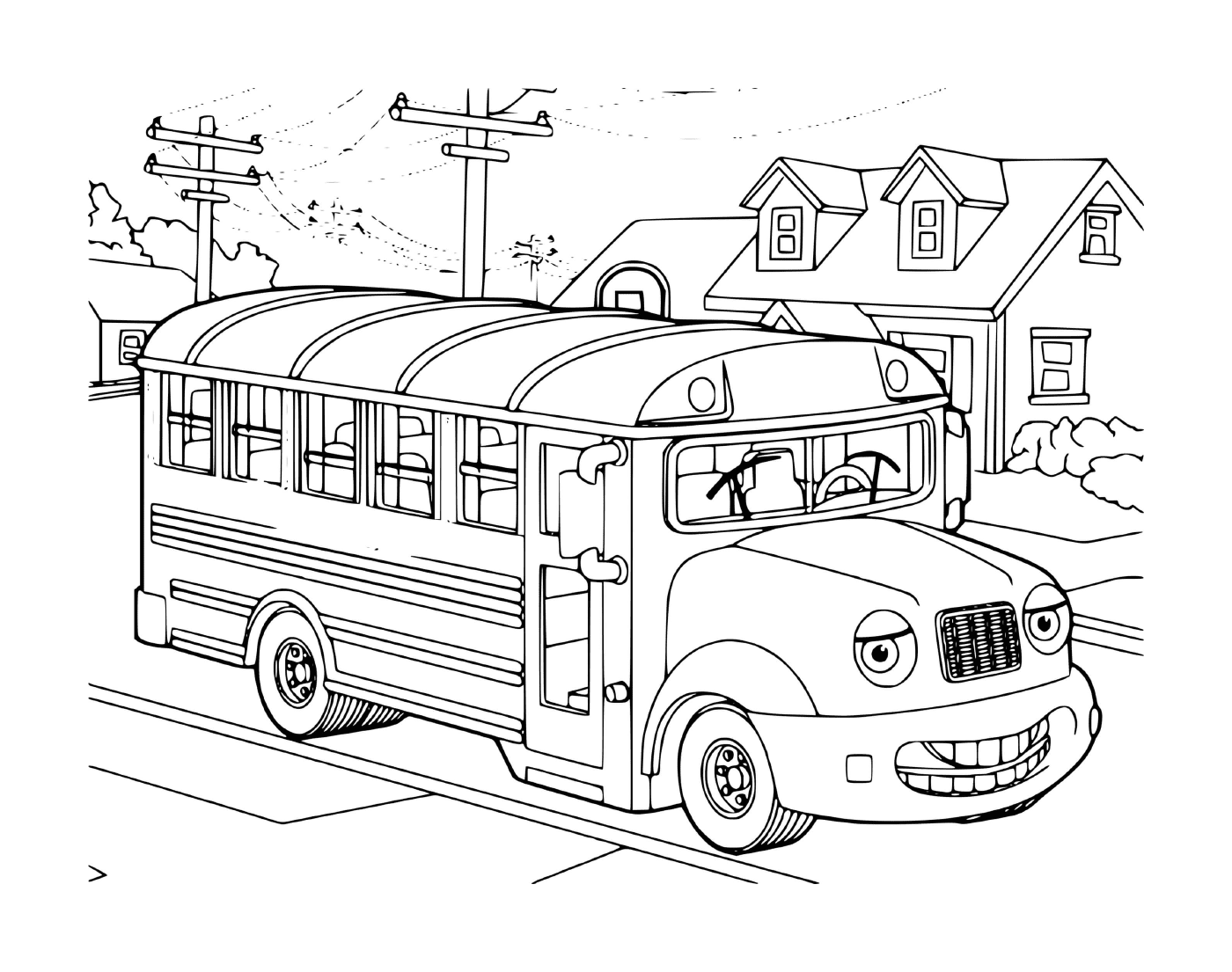 coloriage bus qui recupere les enfants de la maison