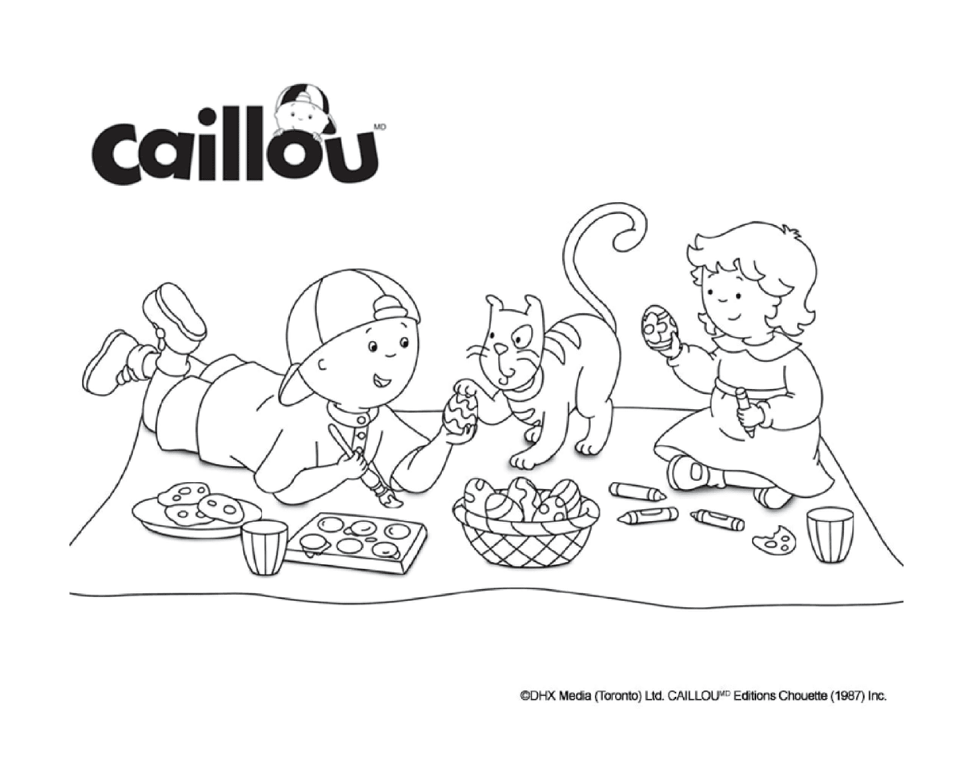 coloriage caillou mousseline et gilbert le chat preparent des oeufs de paques