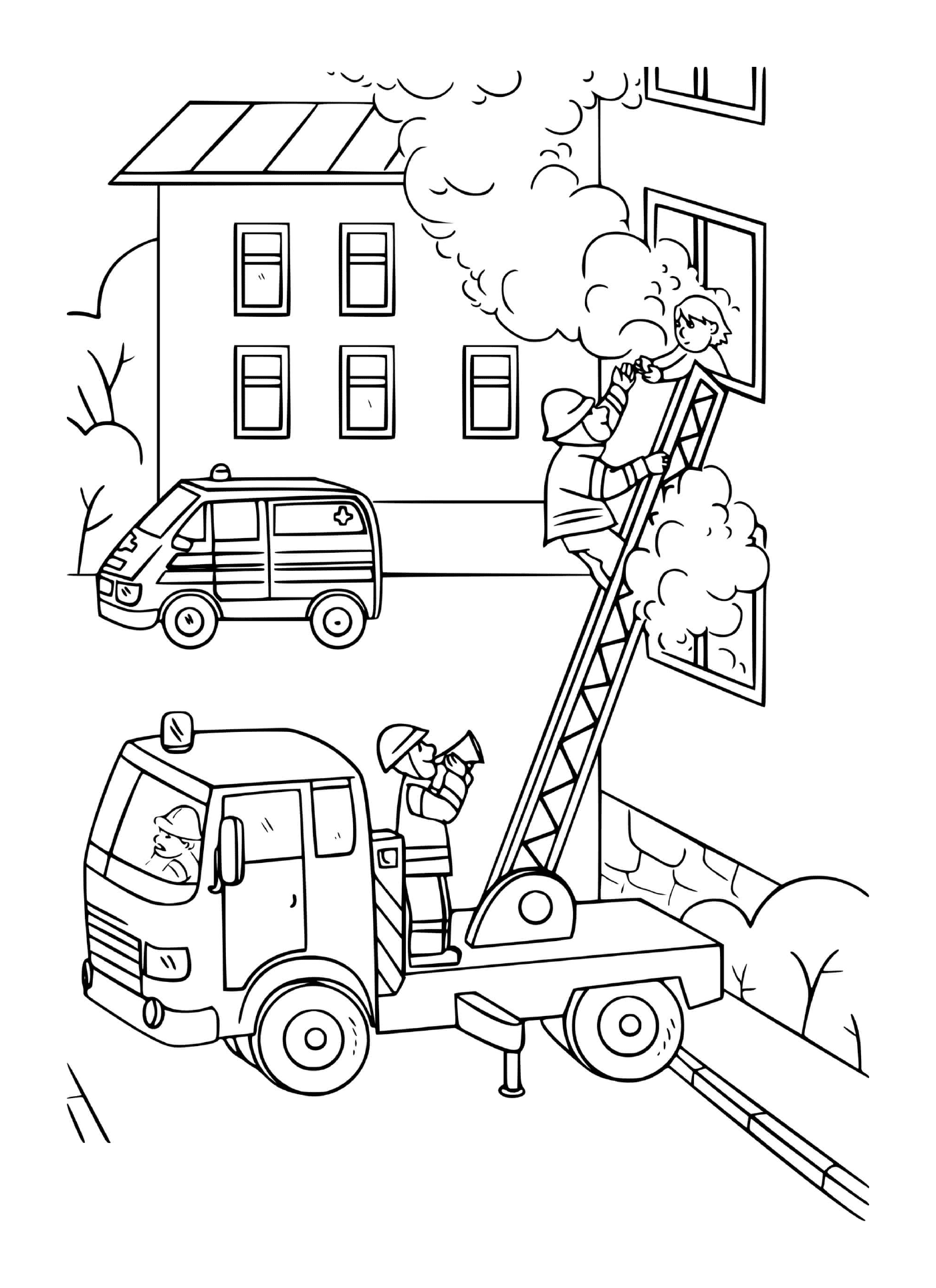 un pompier grimpe sur une echelle du camion pour sauver une fille prit dans une maison en feu