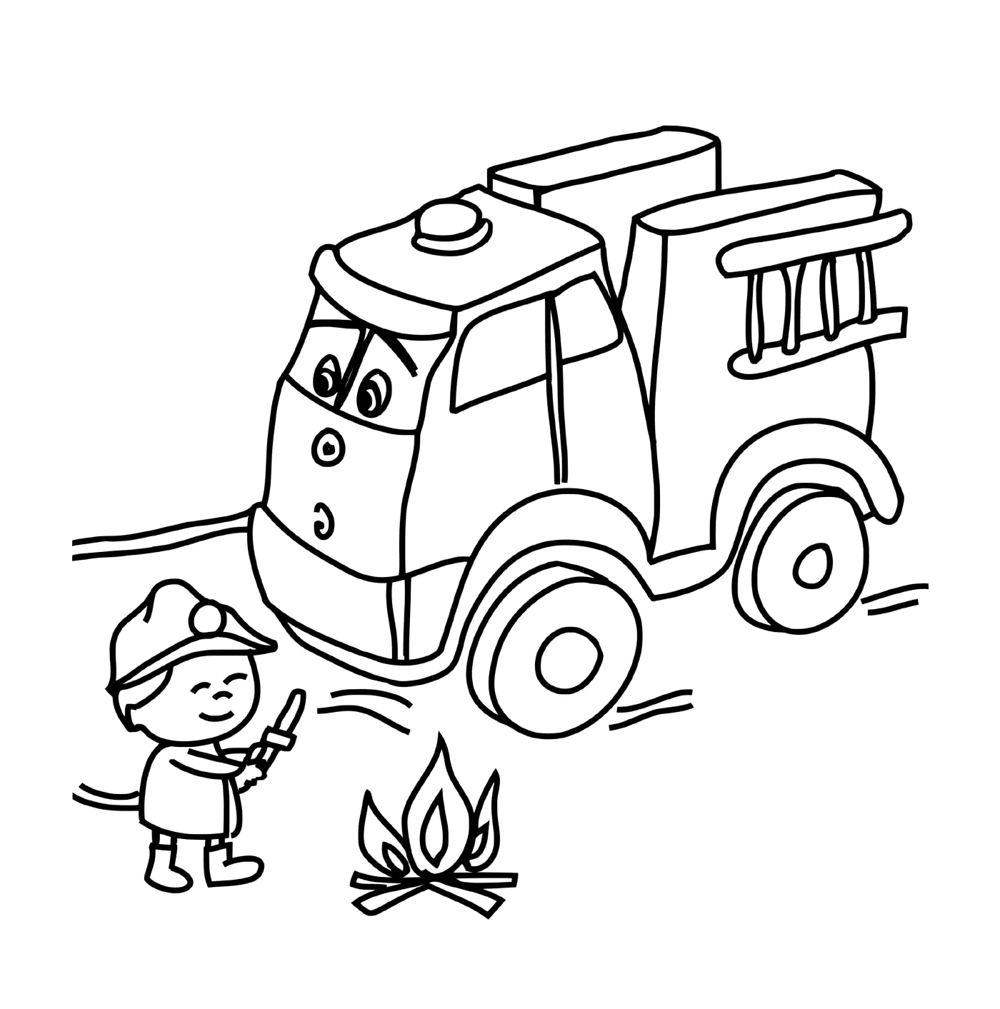 camion de pompier avec un enfant de la maternelle qui eteint le feu