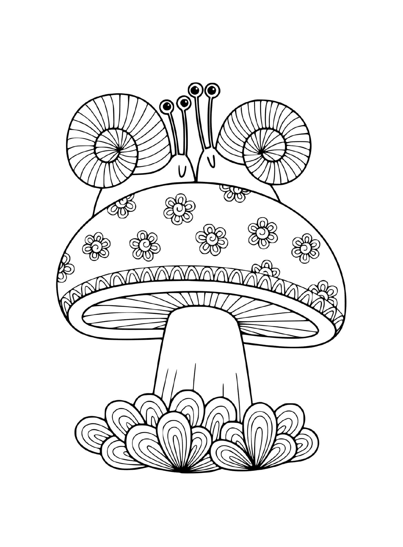 champignon adulte avec deux escargots