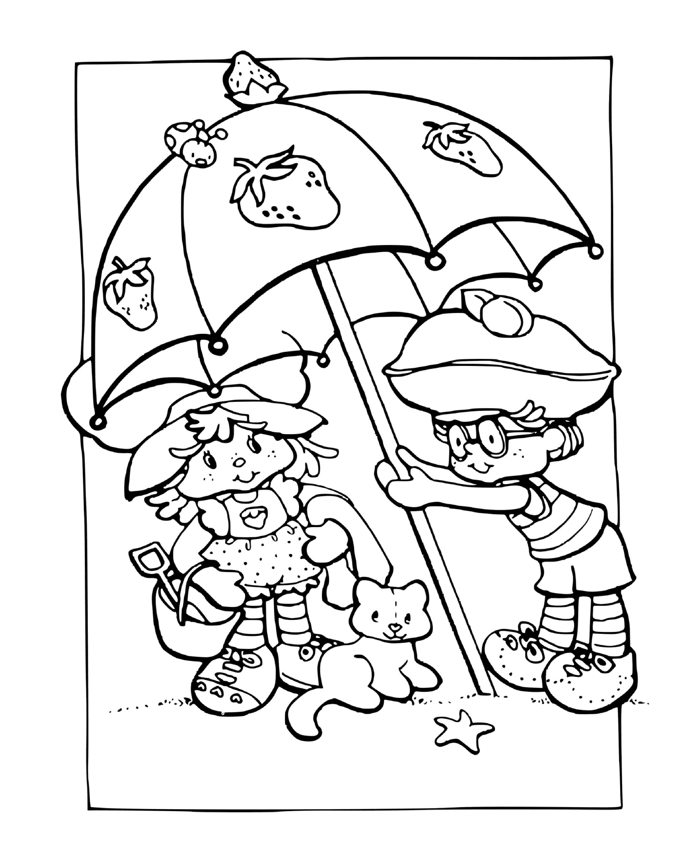 Charlotte aux fraises sous un parasol