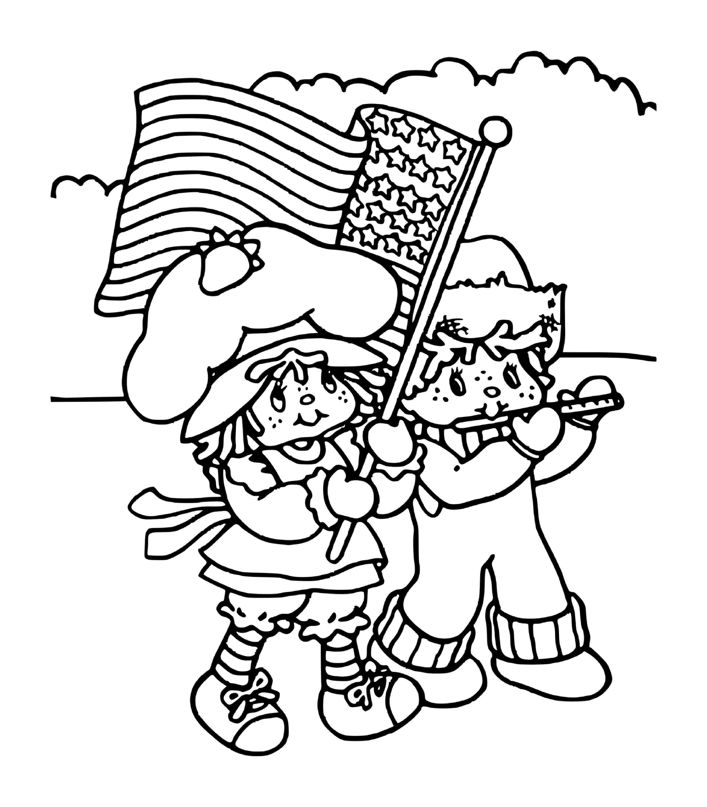 coloriage Charlotte aux fraises avec de drapeau americain