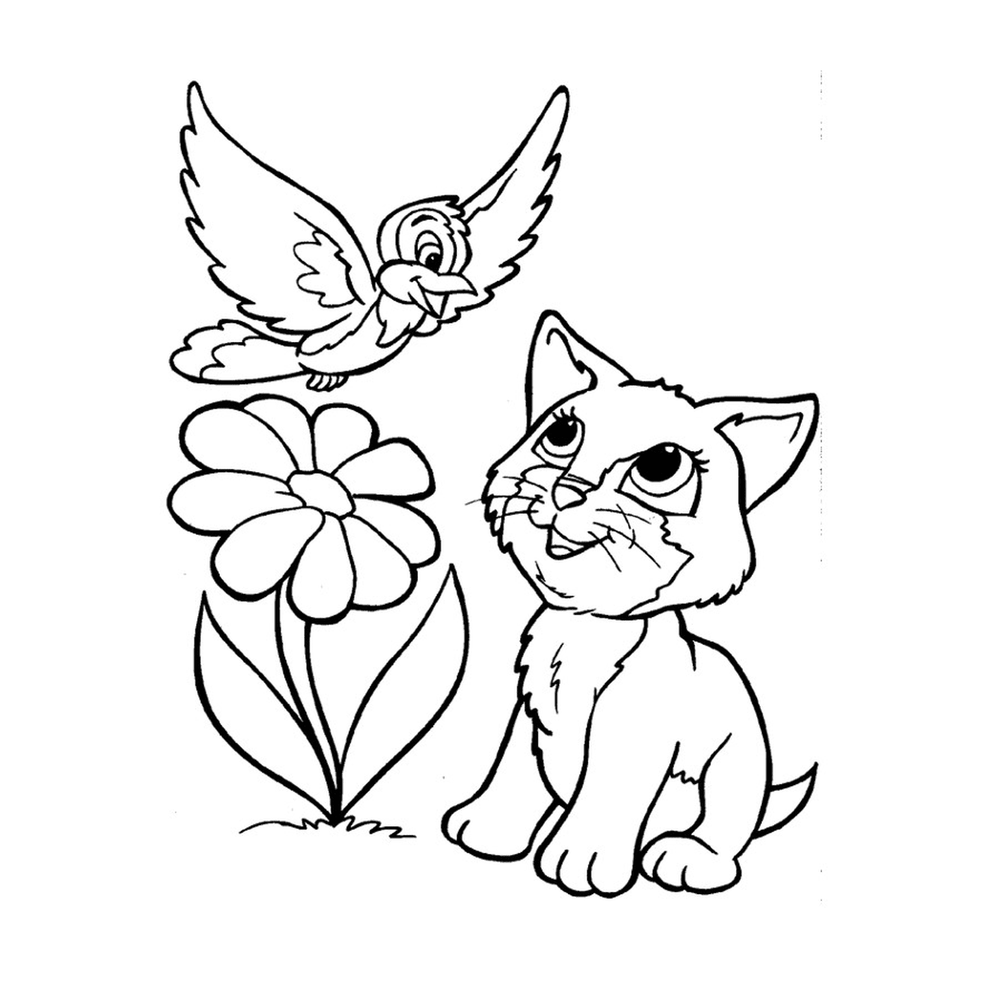 coloriage chat oiseau fleur