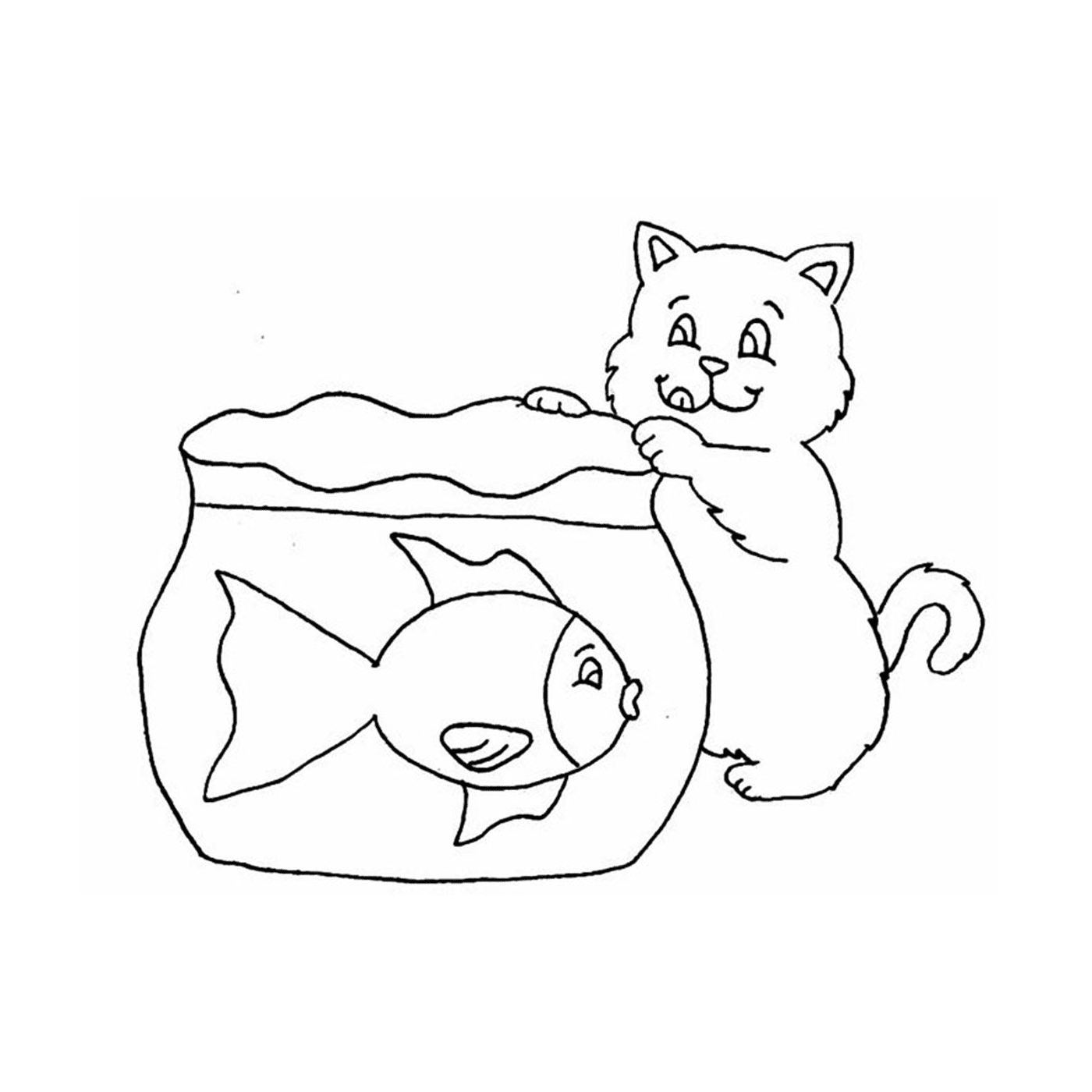 coloriage chat et poisson en bocal