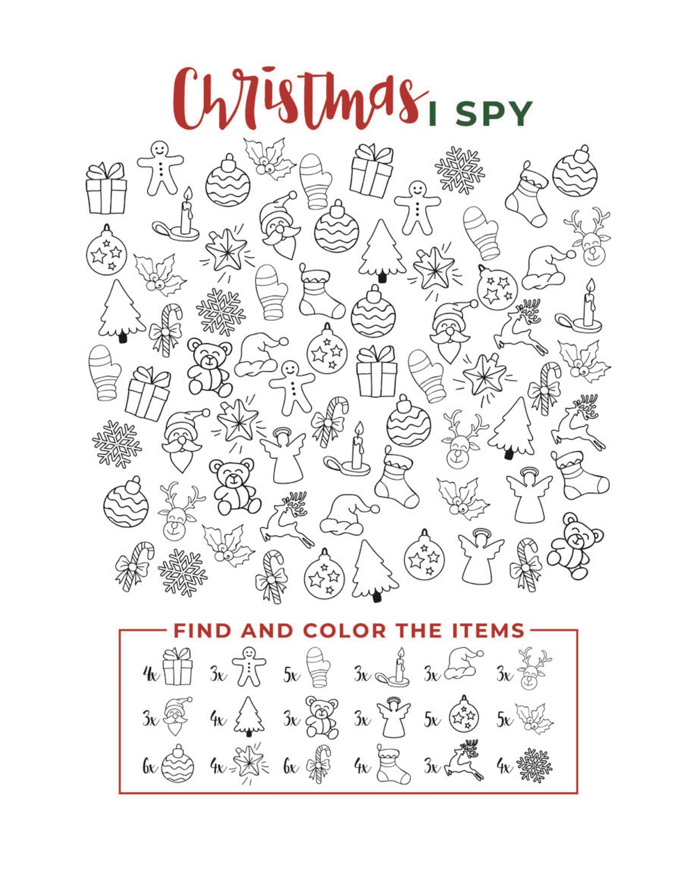 coloriage I Spy Christmas Find and color the items