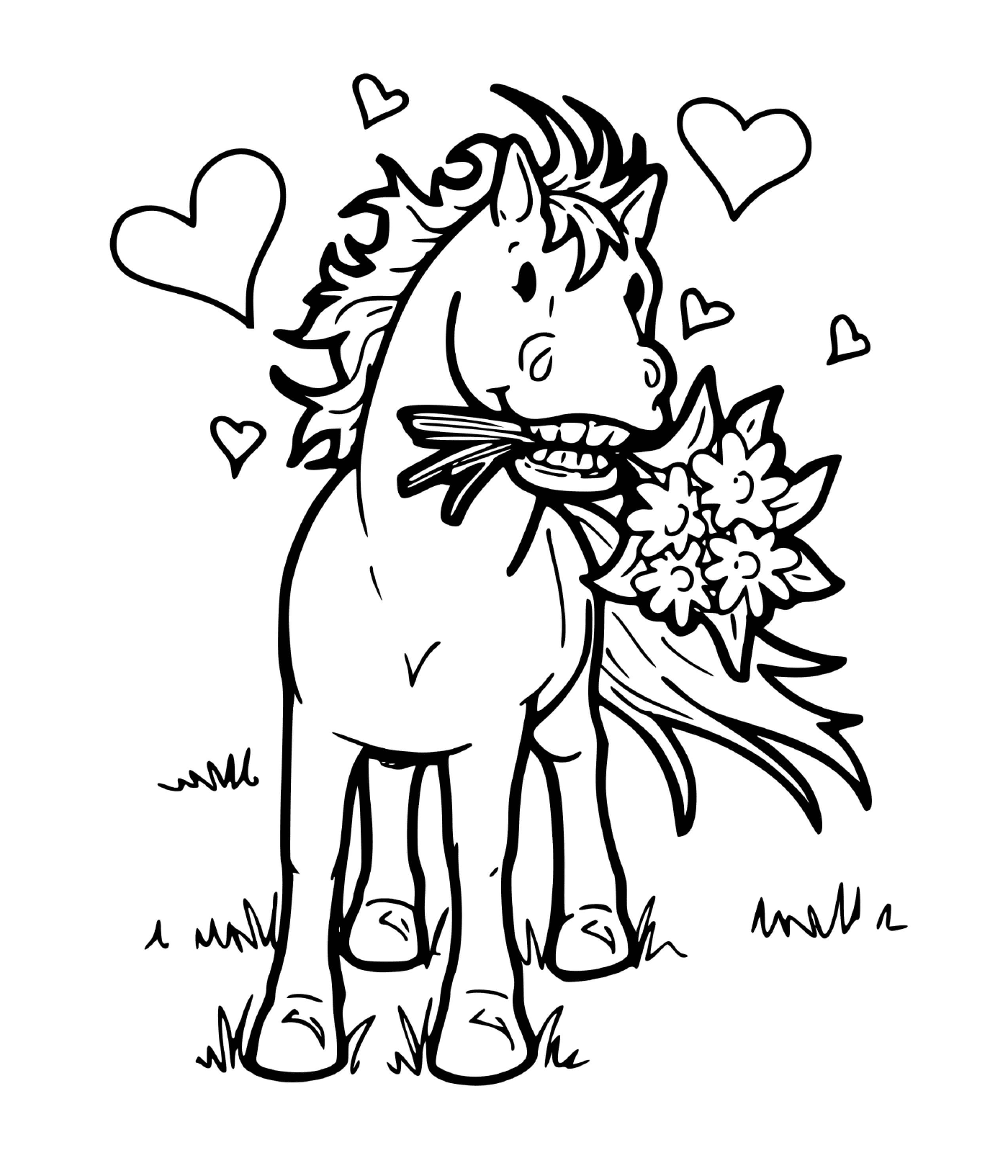 coloriage cheval amoureux avec des fleurs